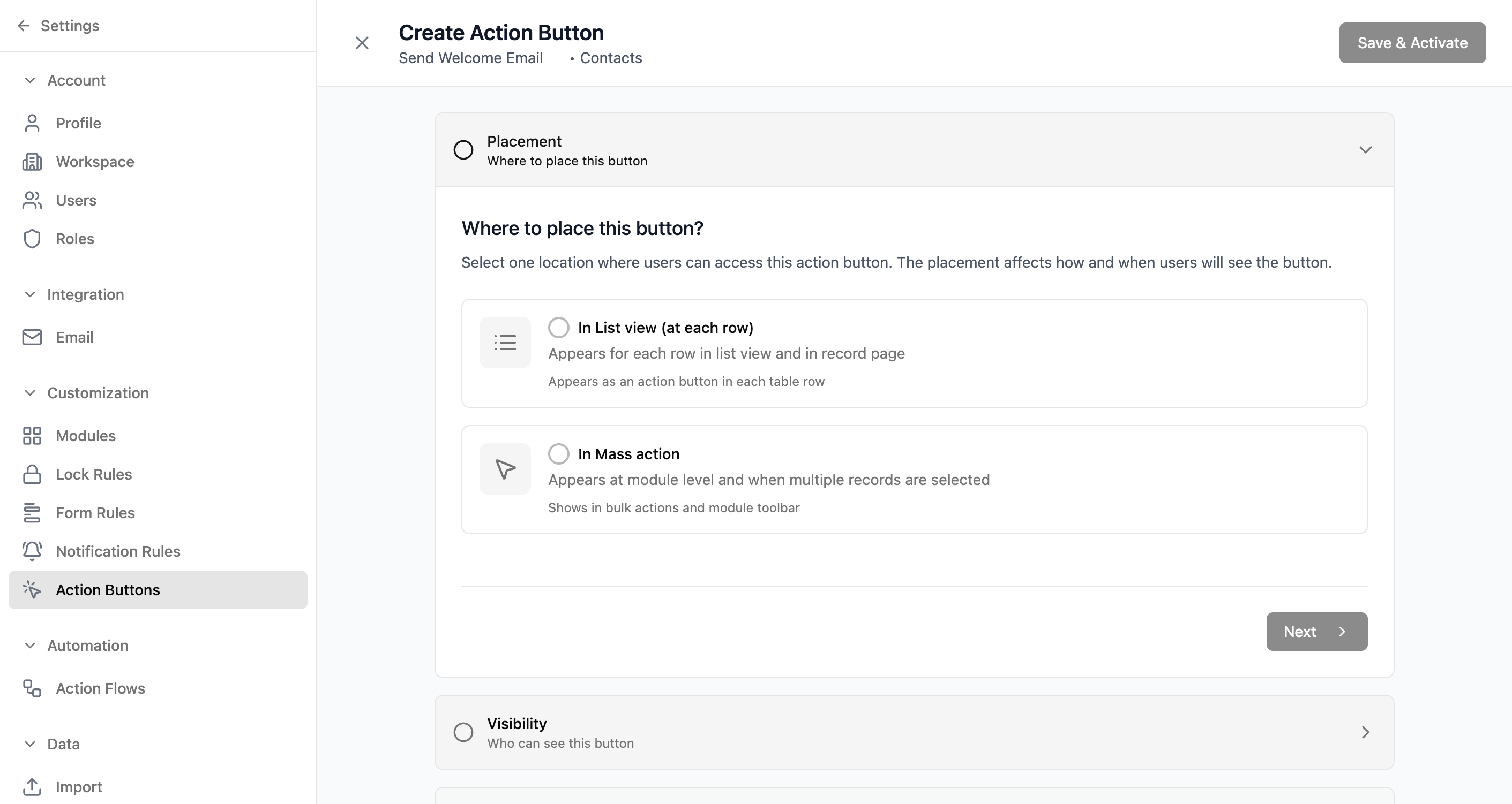 Xtend.One action button builder showing placement options and configuration