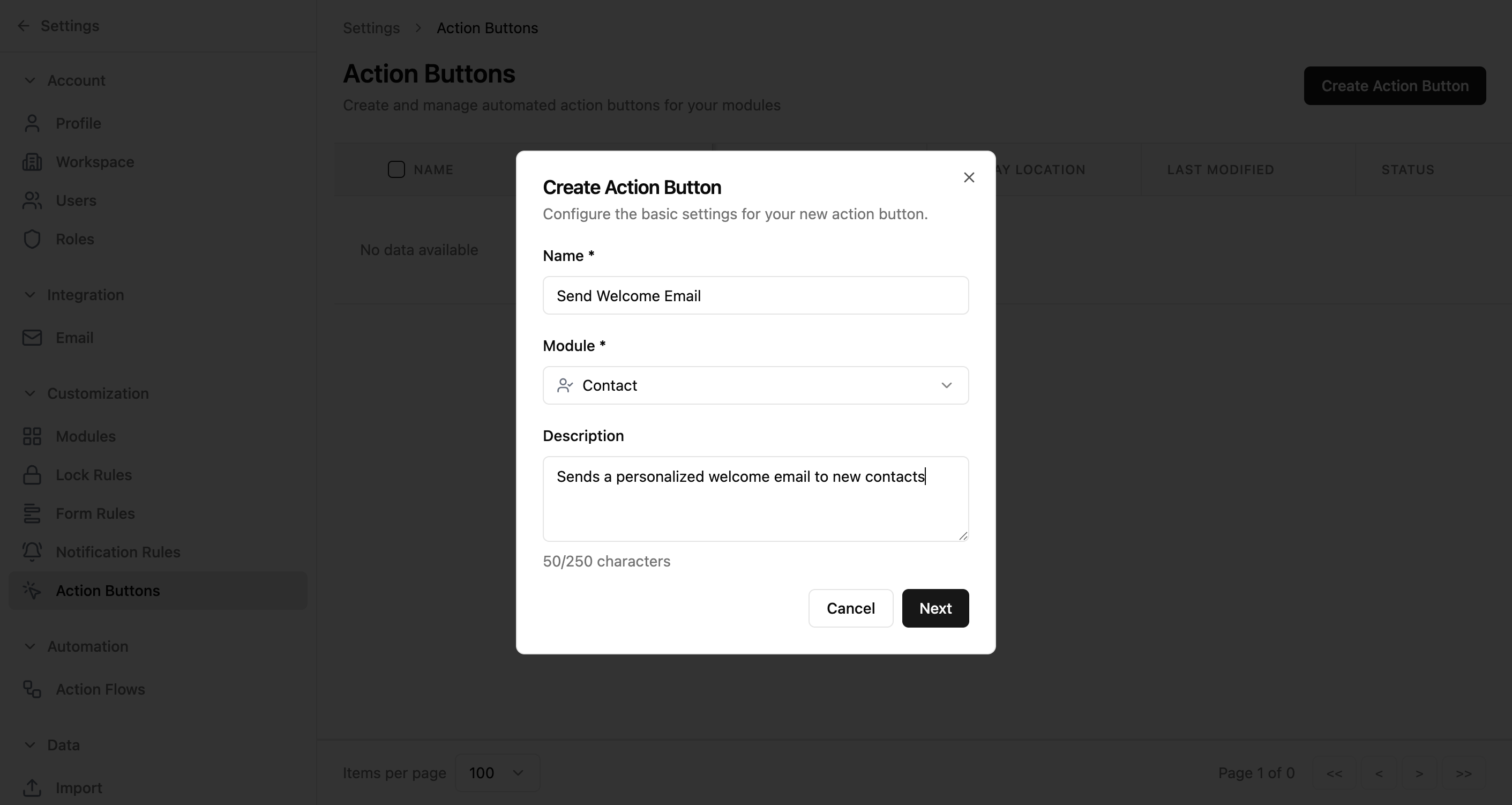 Xtend.One action button creation form with name and module selection
