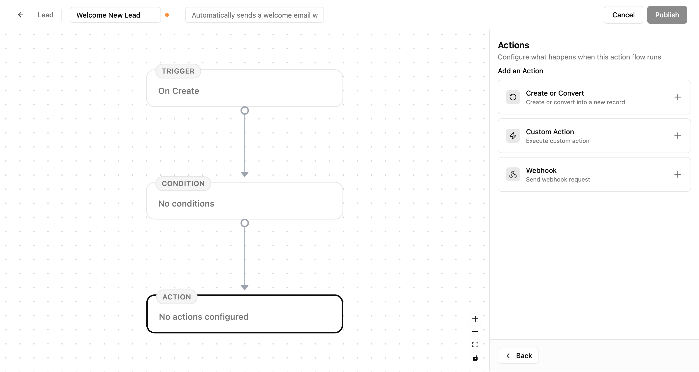 Xtend.One action flow showing available action types