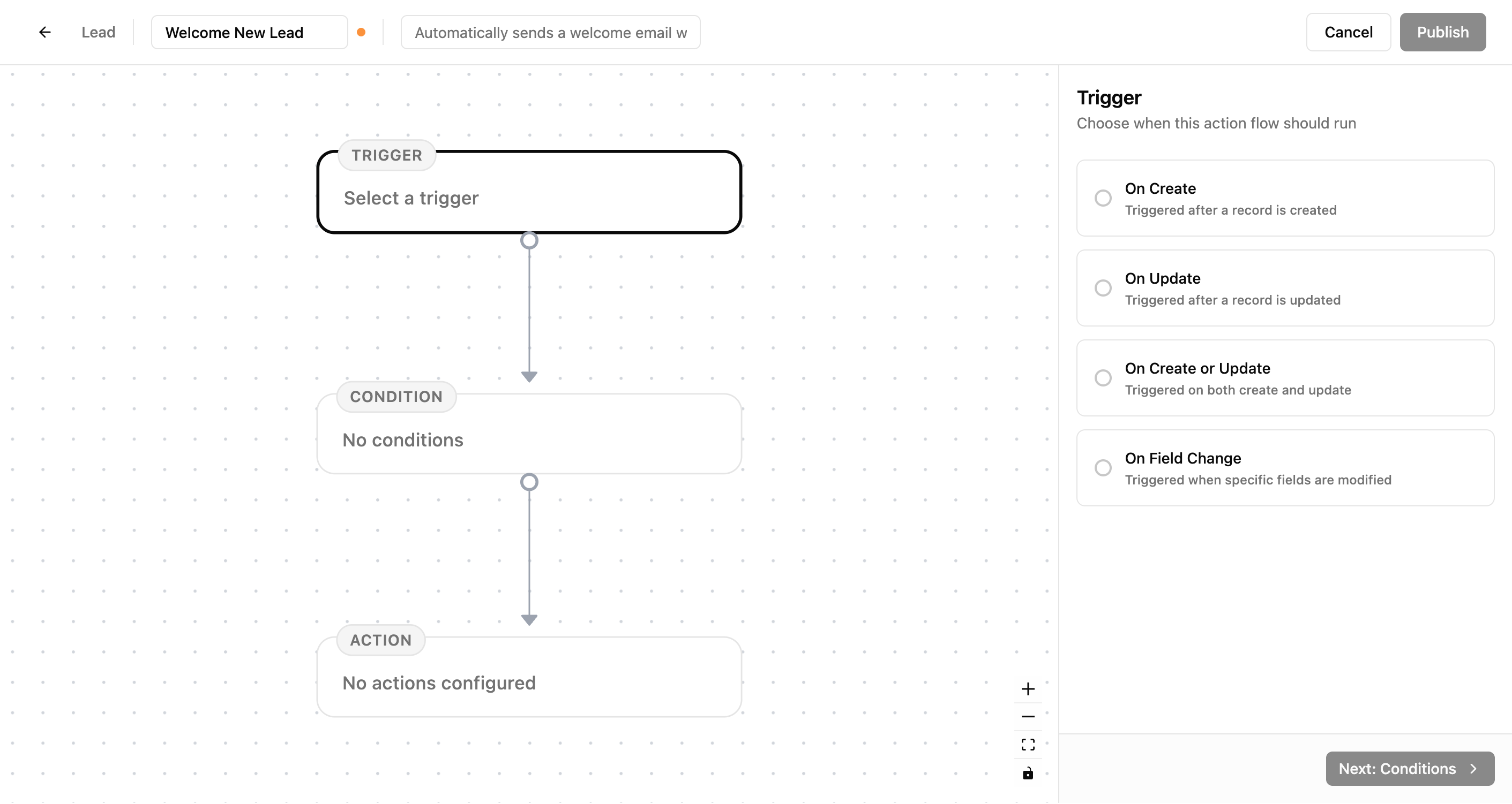 Xtend.One visual action flow builder showing trigger selection for automation