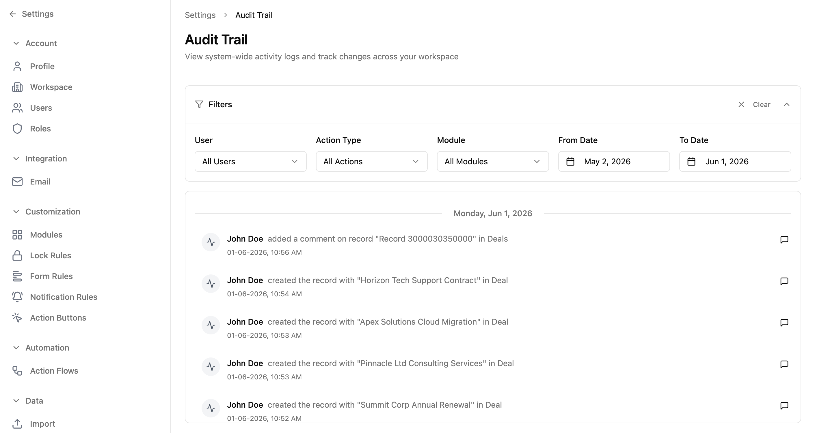 Xtend.One workspace audit trail showing recent activity and changes