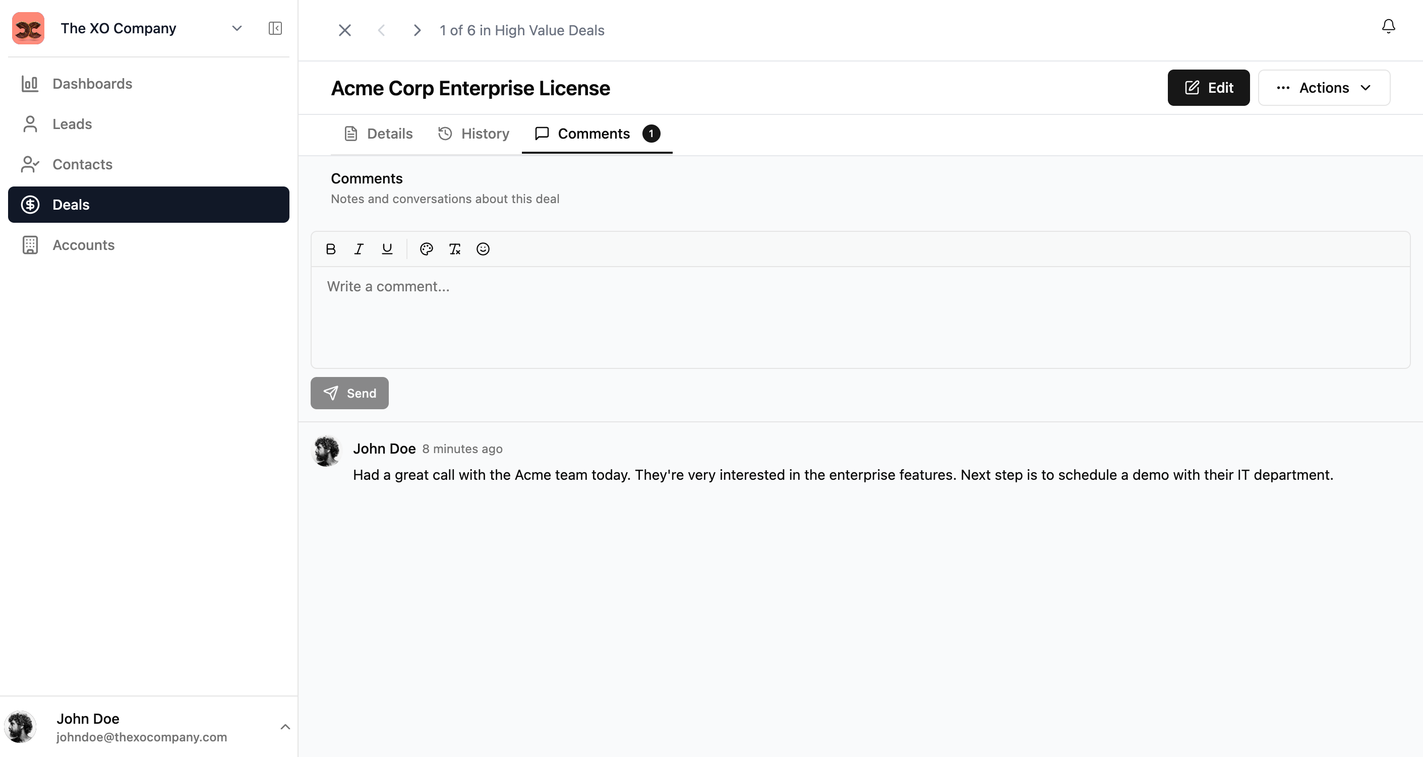 Xtend.One comments section with rich text formatting and team discussion