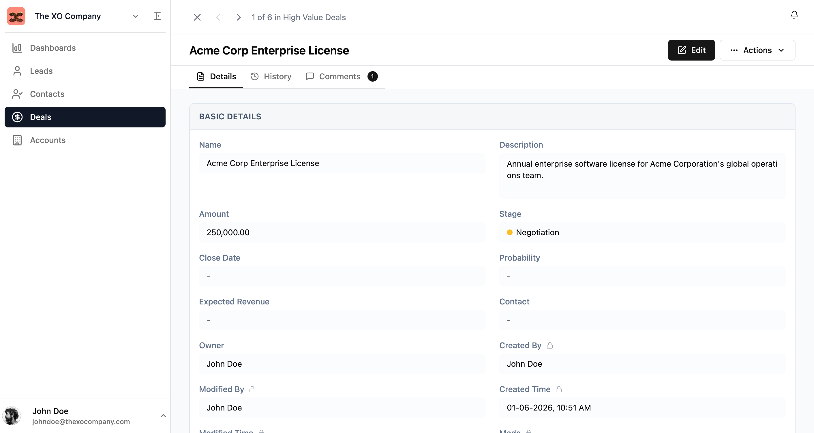 Xtend.One entry detail view showing all fields and values for a deal