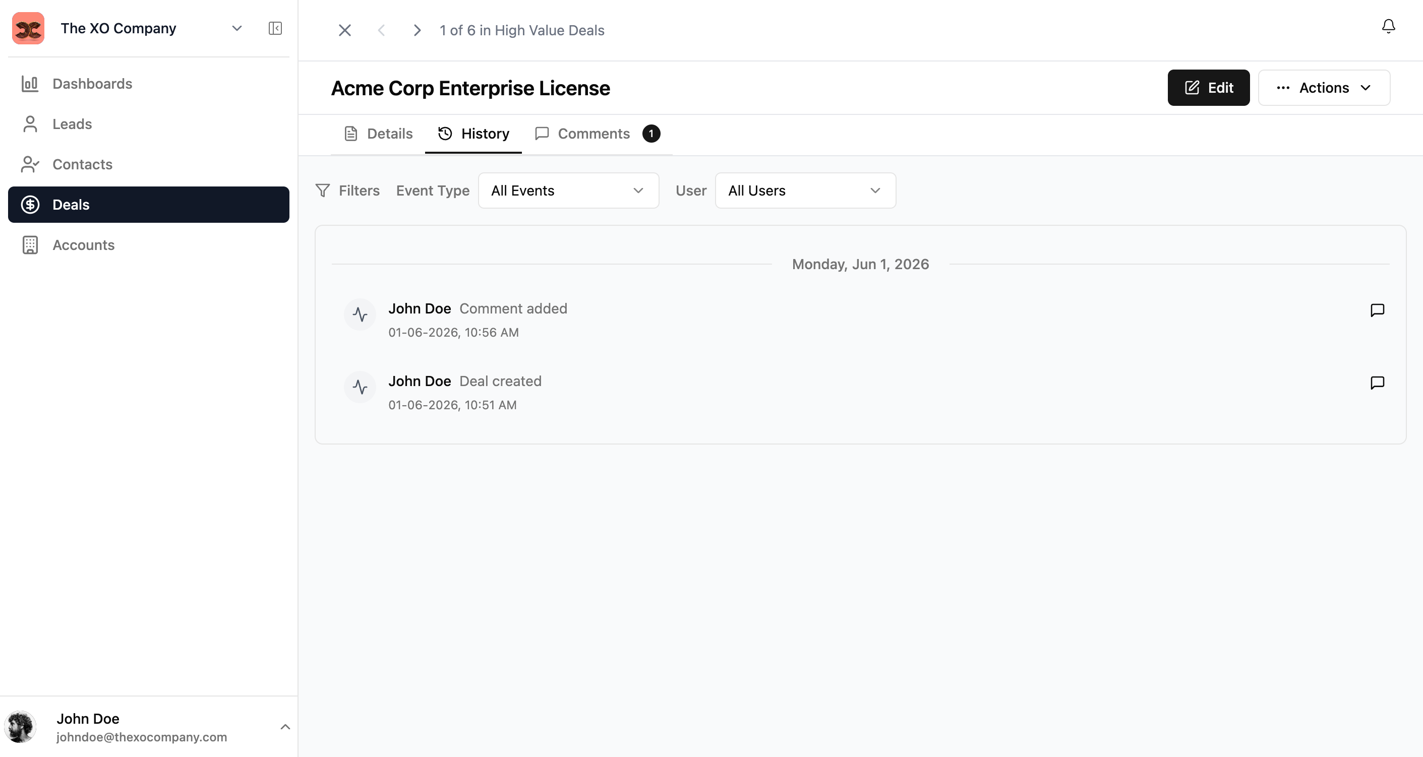 Xtend.One entry history showing complete audit trail of changes