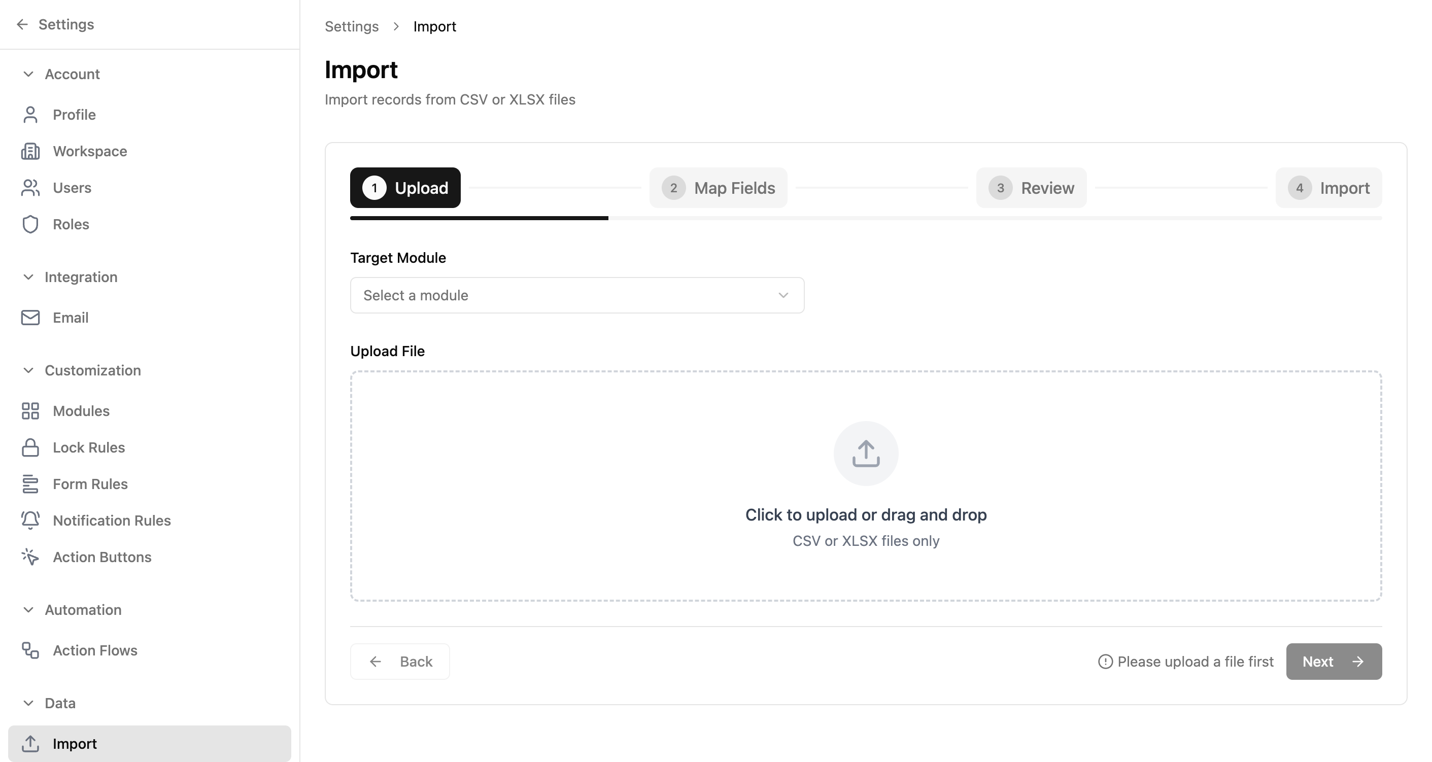 Xtend.One import wizard showing upload step with module selection