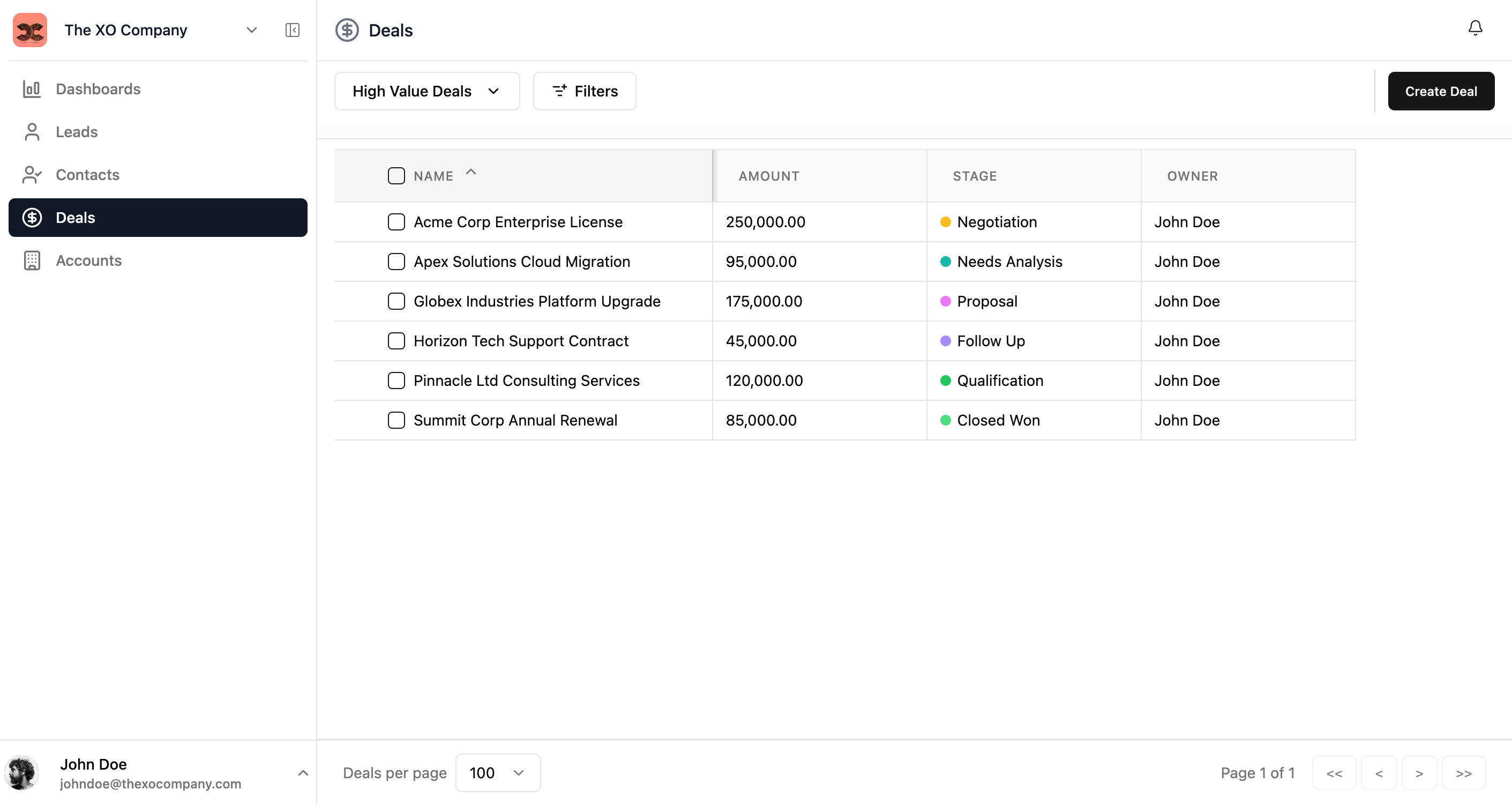 Xtend.One list view showing deals with columns for amount, stage, and owner