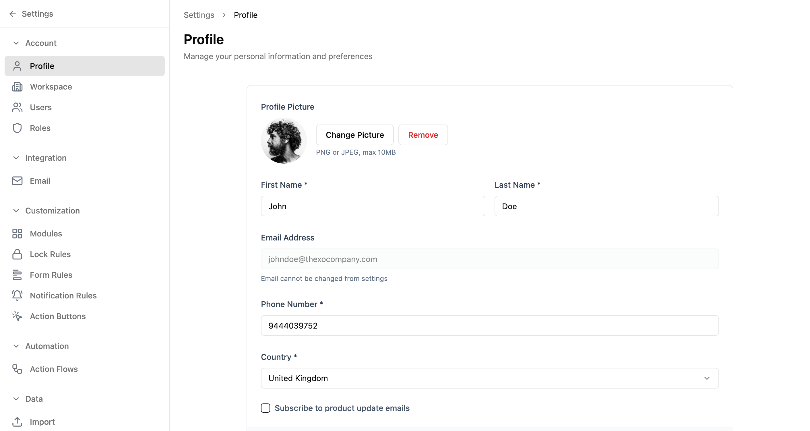 Xtend.One settings page showing profile section with personal information