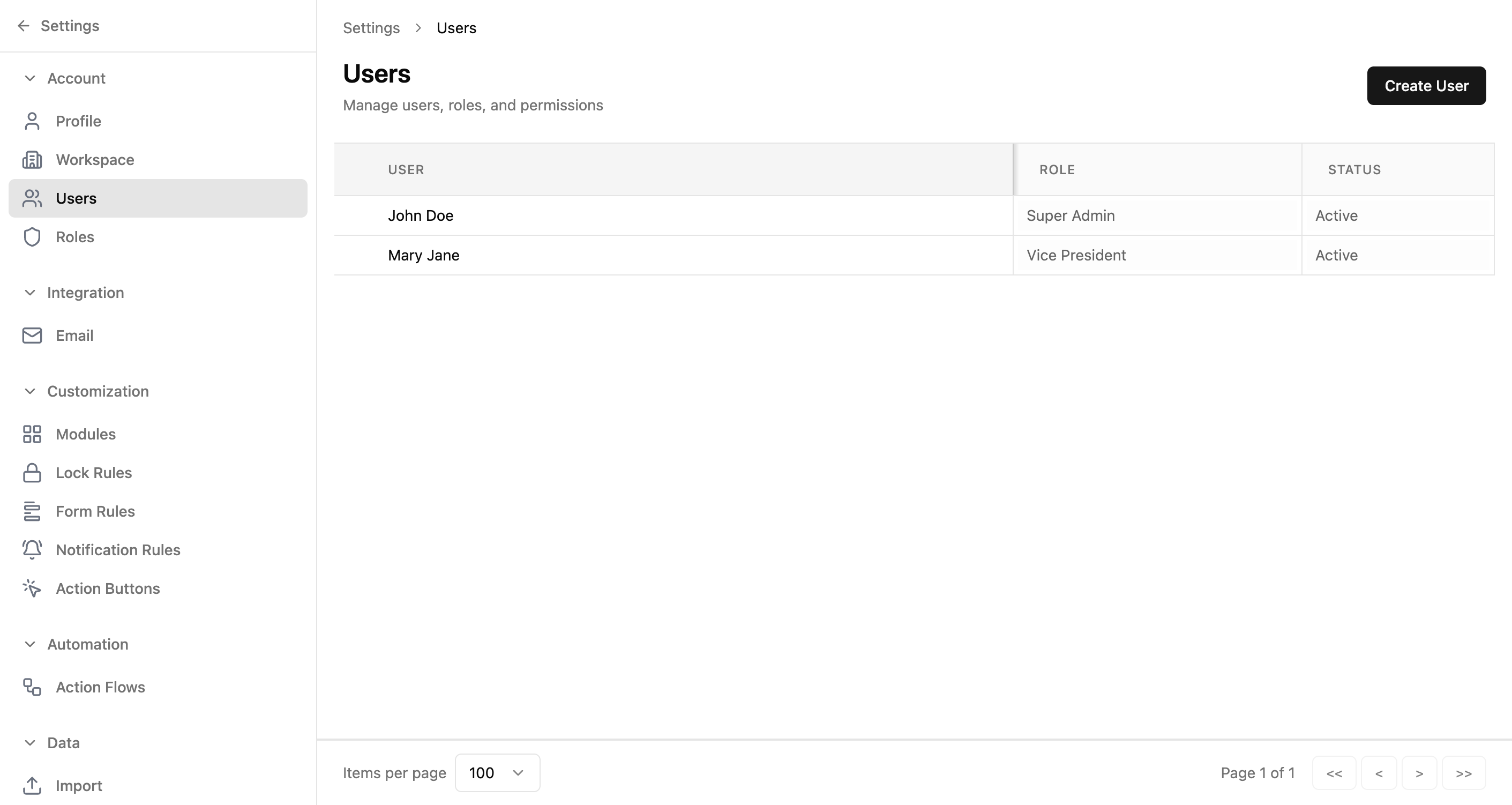 Xtend.One user management list with role assignments