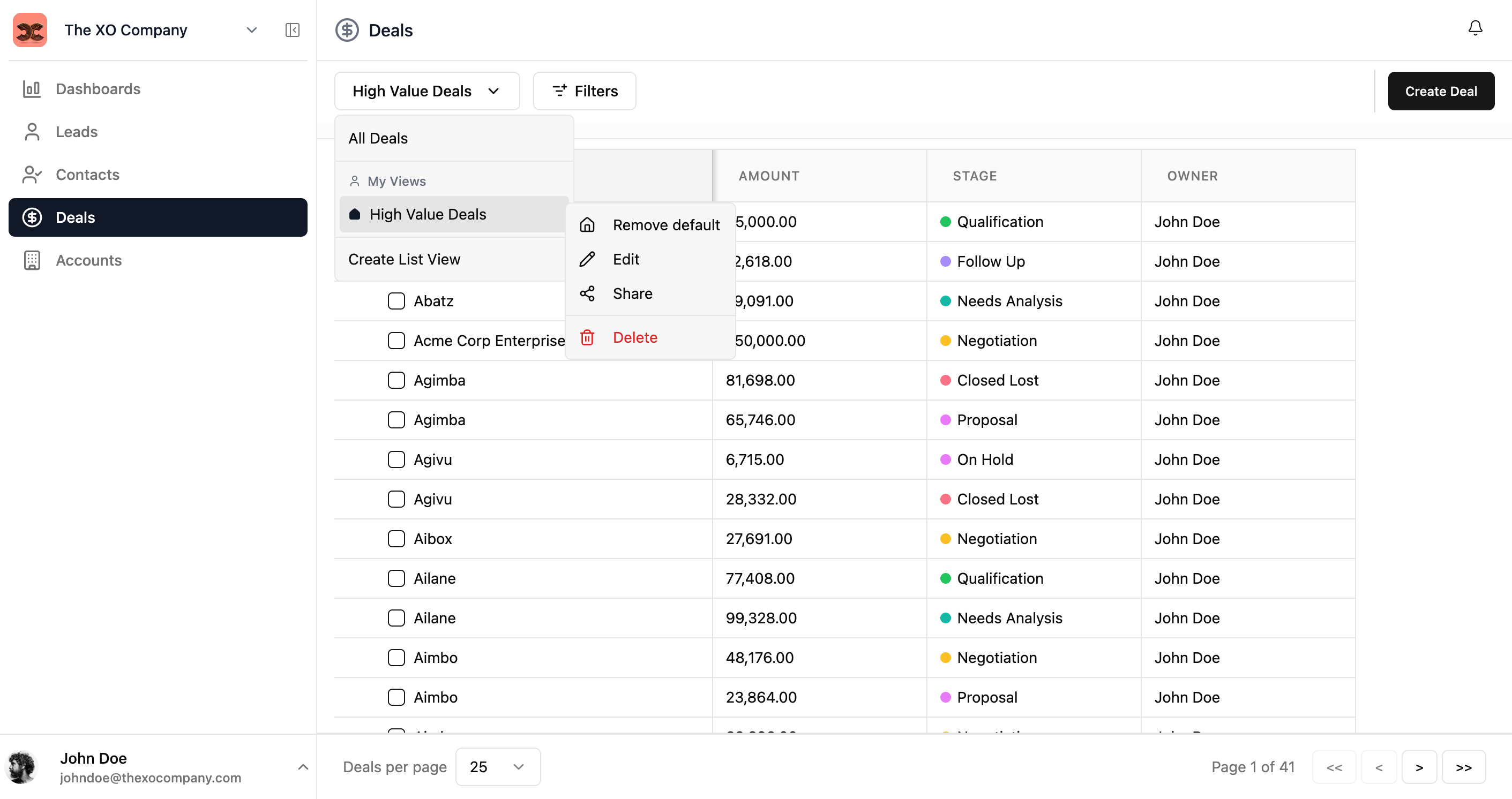 List actions menu