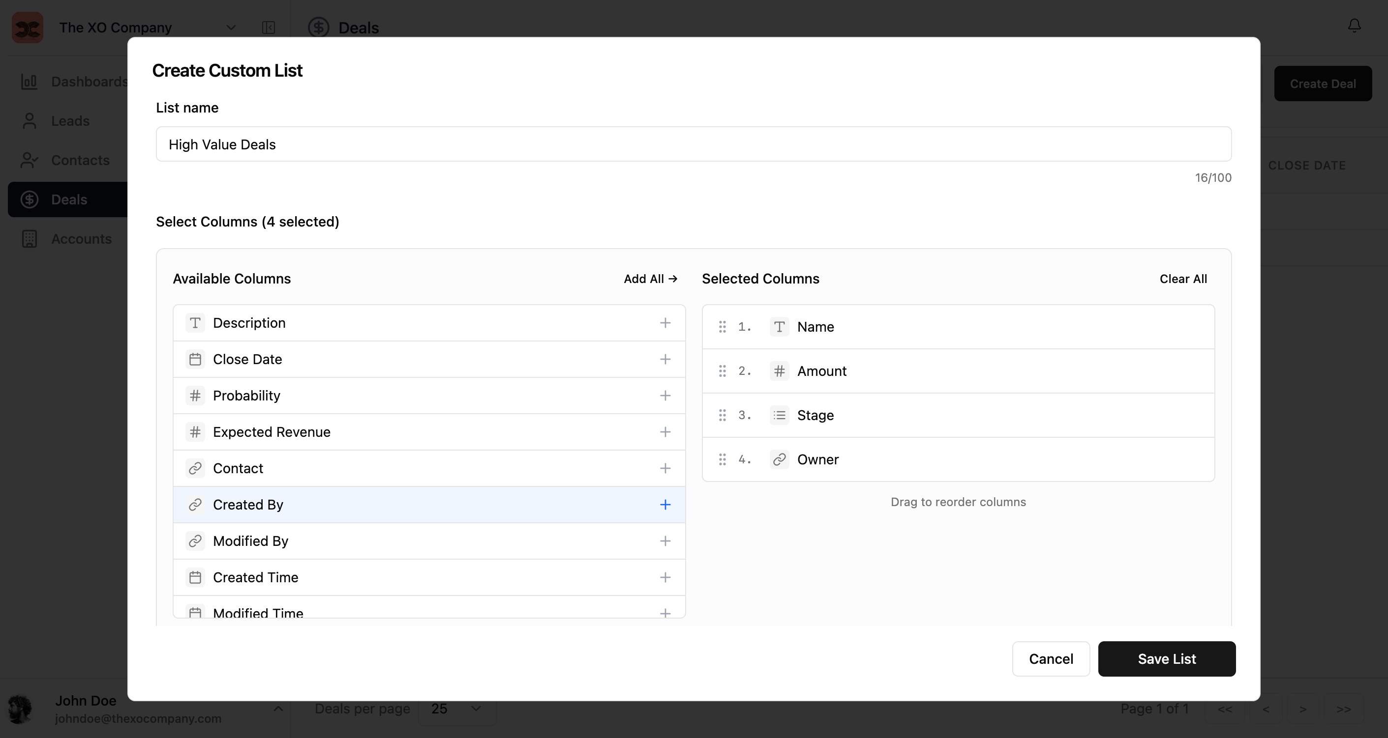 Columns selected for custom list