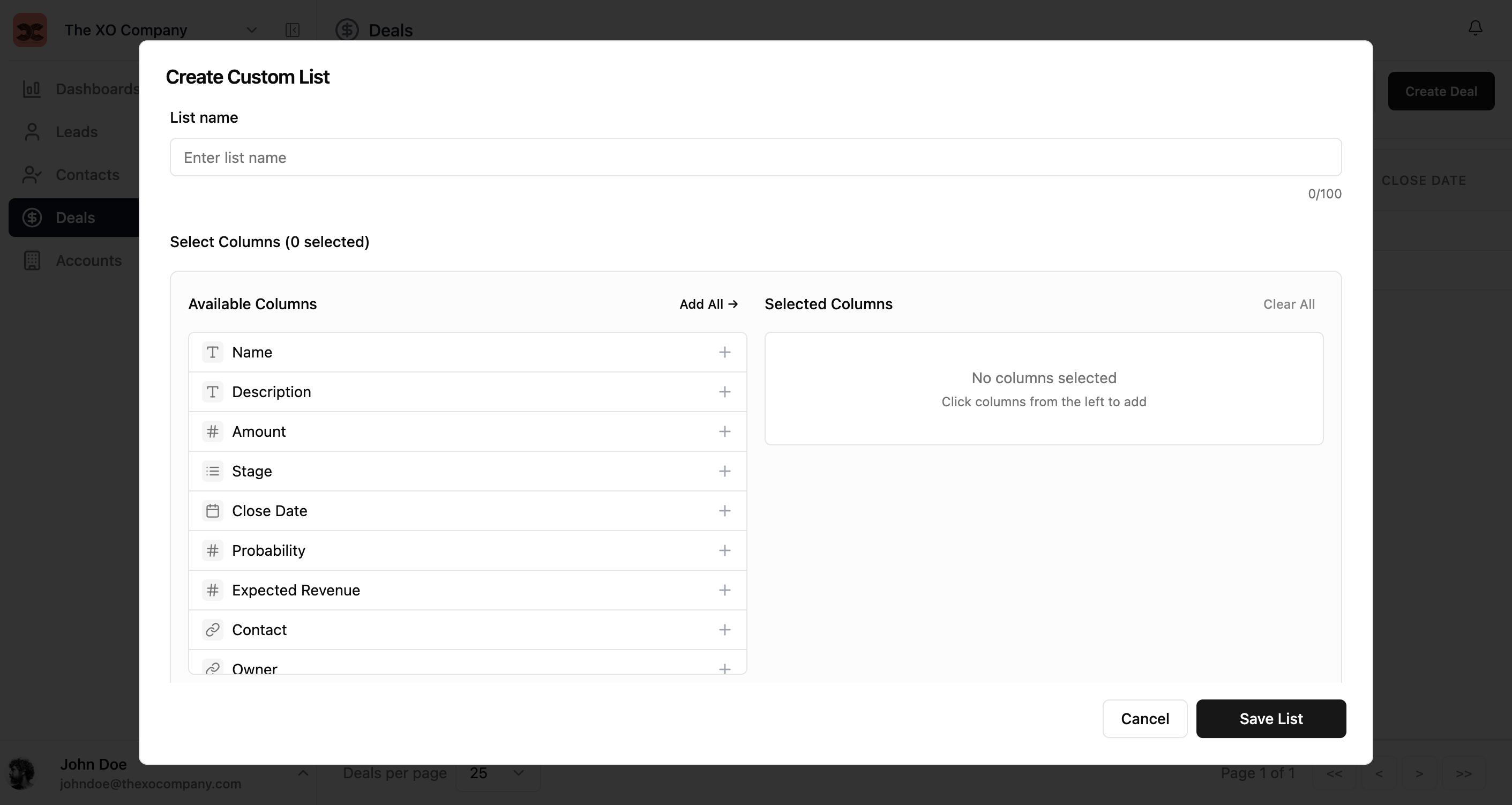 Create Custom List dialog