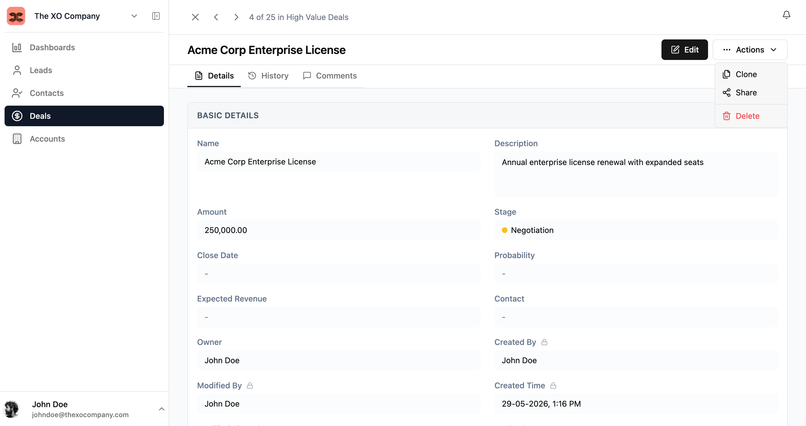 Actions dropdown menu