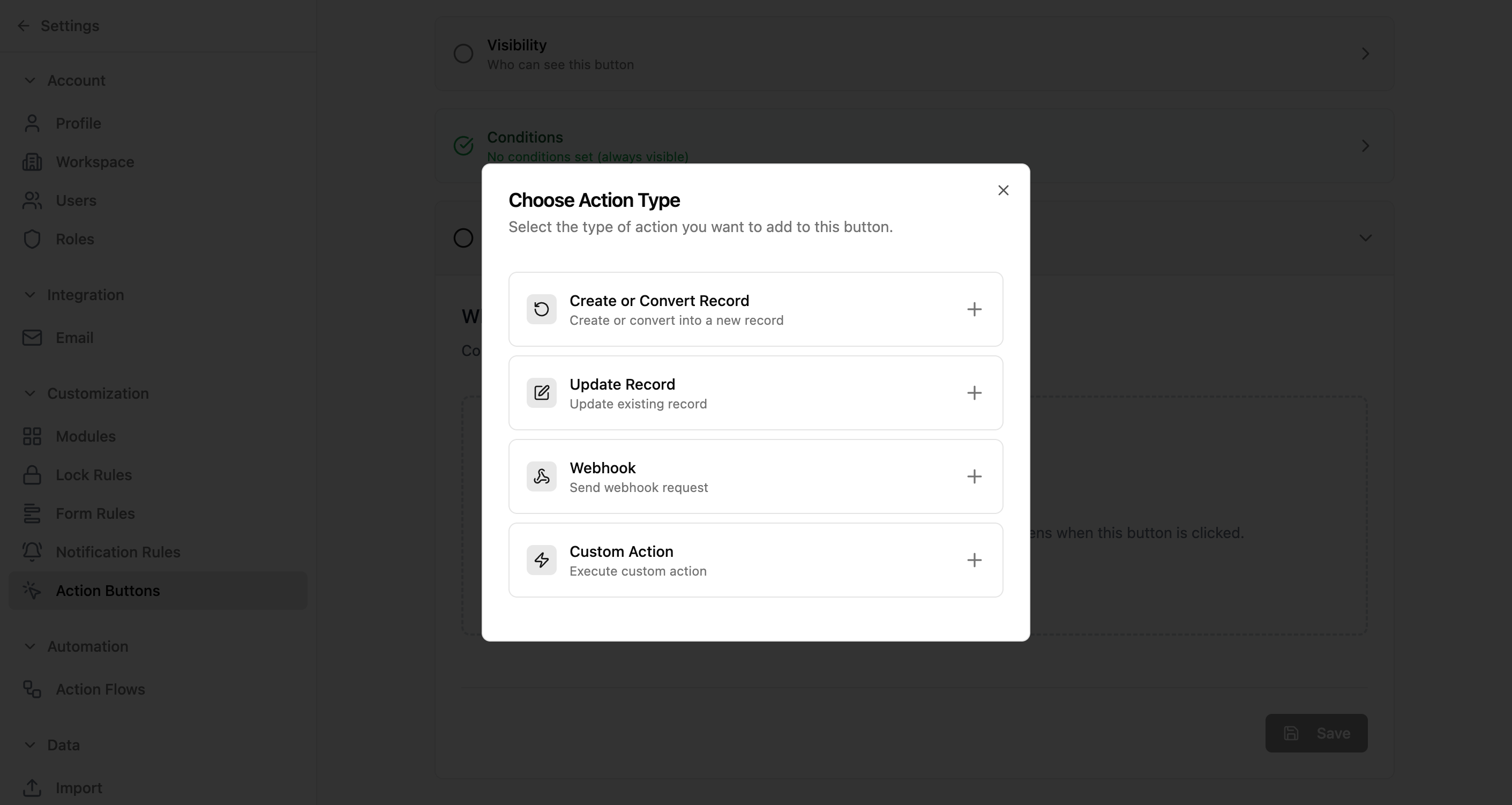 Choose Action Type dialog showing four cards: Create or Convert Record, Update Record, Webhook, and Custom Action