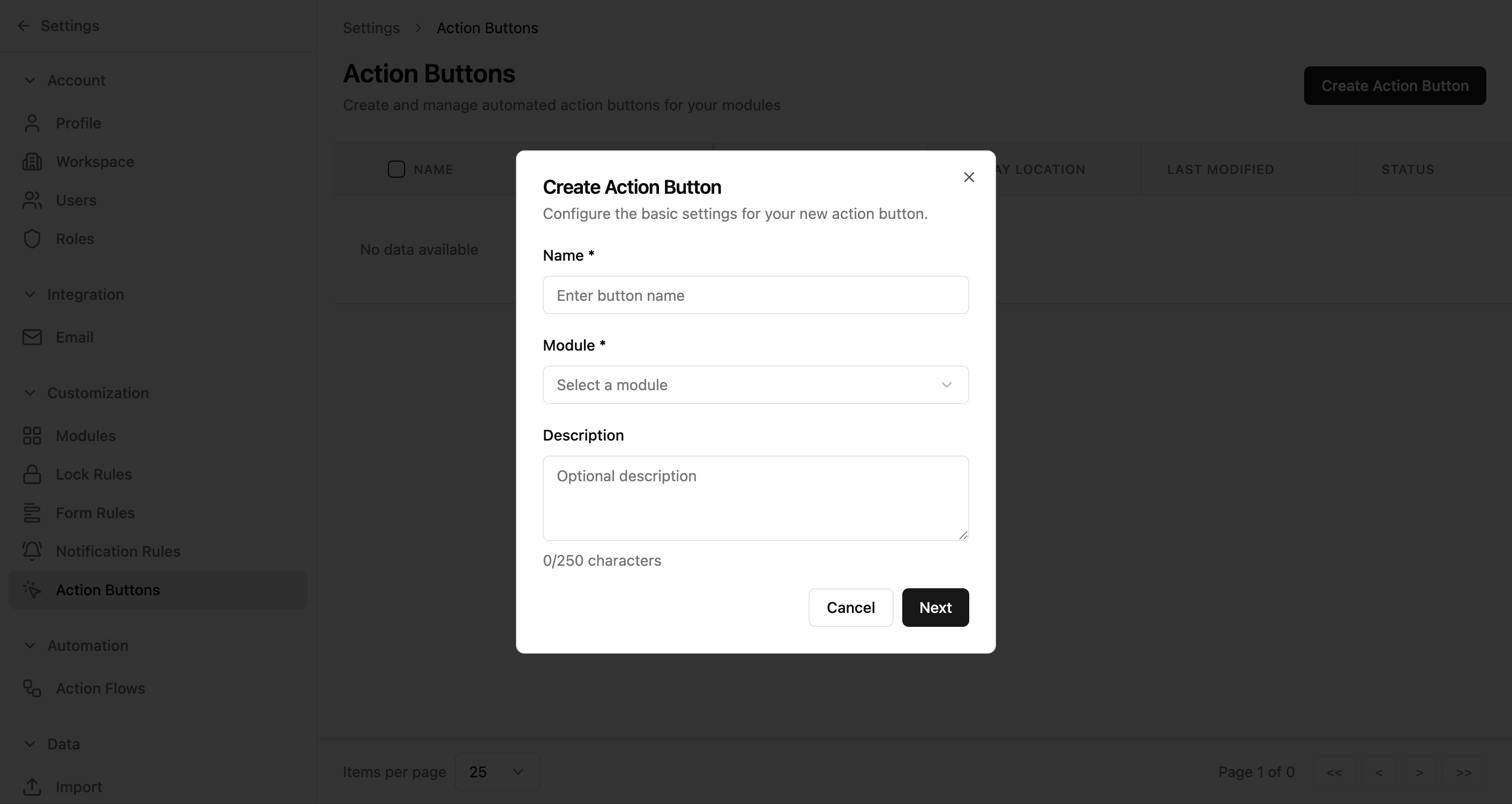 Create Action Button dialog with fields for Name, Module dropdown, and Description textarea