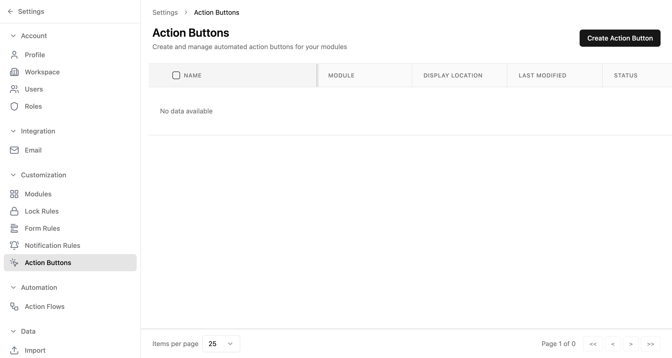 Action Buttons page showing an empty table with Name, Module, Display Location, Last Modified, Status, and Actions columns