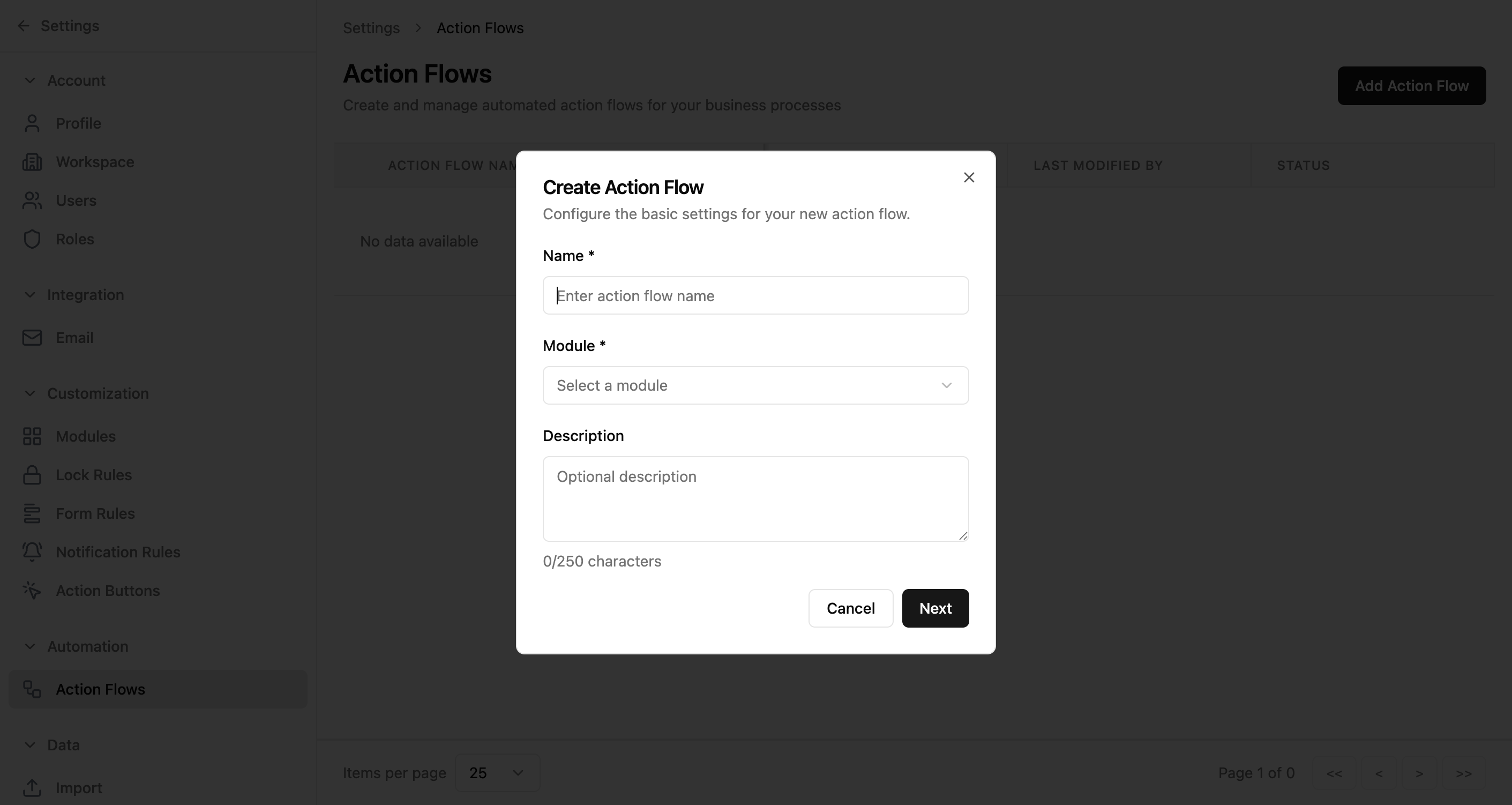 Create Action Flow dialog with fields for Name, Module dropdown, and Description textarea