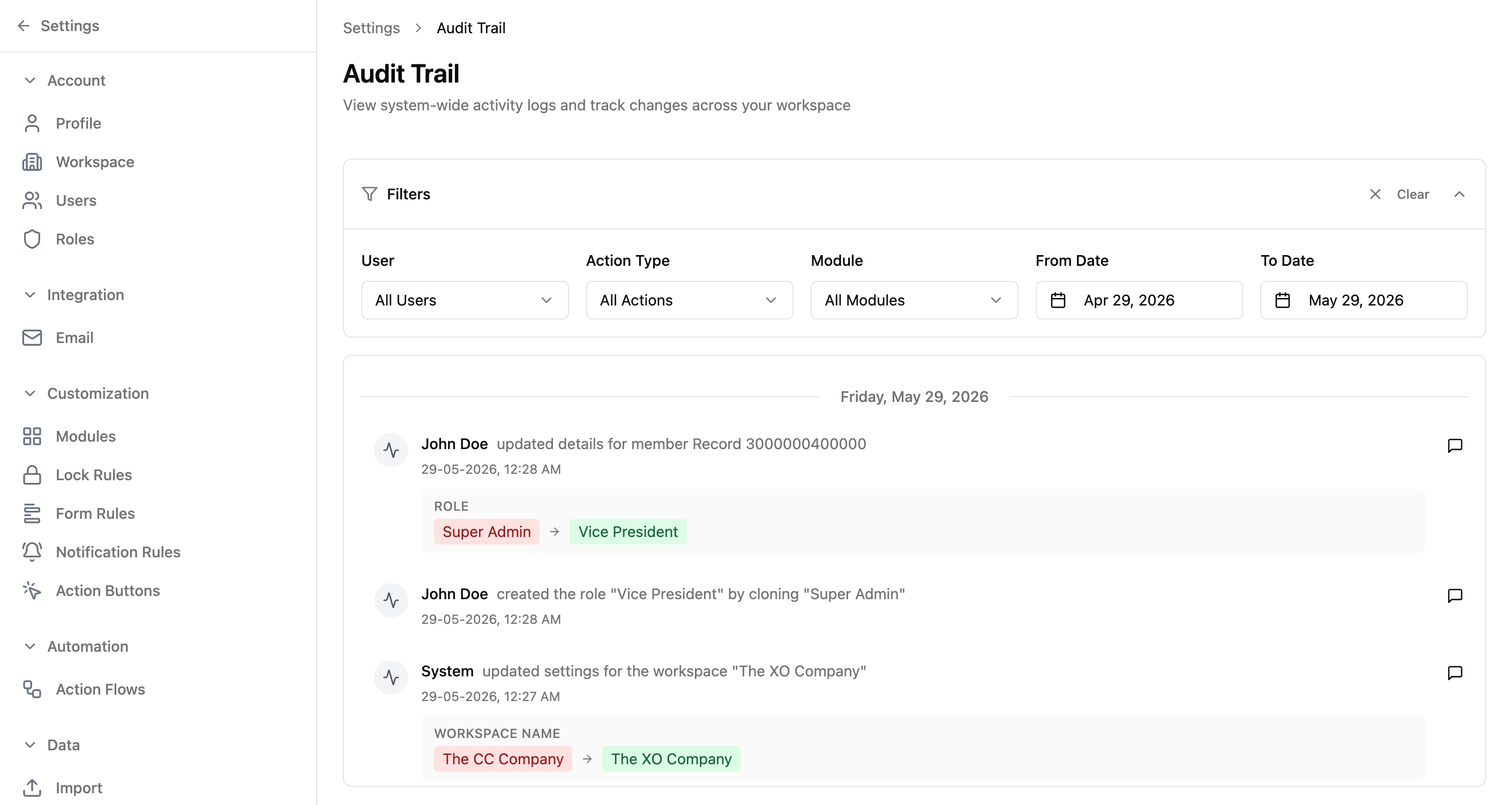 Audit Trail page showing filter controls and events grouped by date
