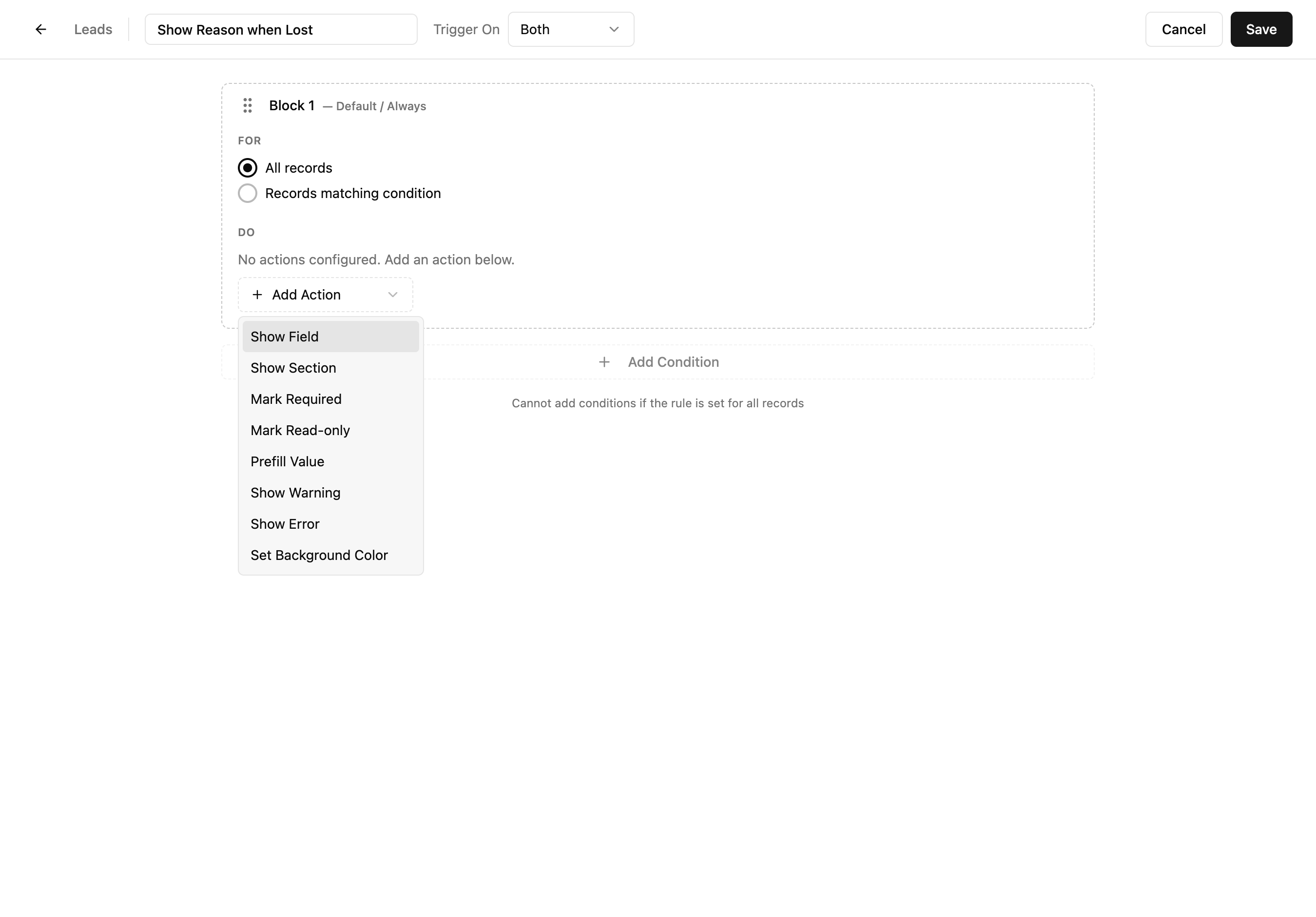 Add Action dropdown showing 8 action types: Show Field, Show Section, Mark Required, Mark Read-only, Prefill Value, Show Warning, Show Error, Set Background Color
