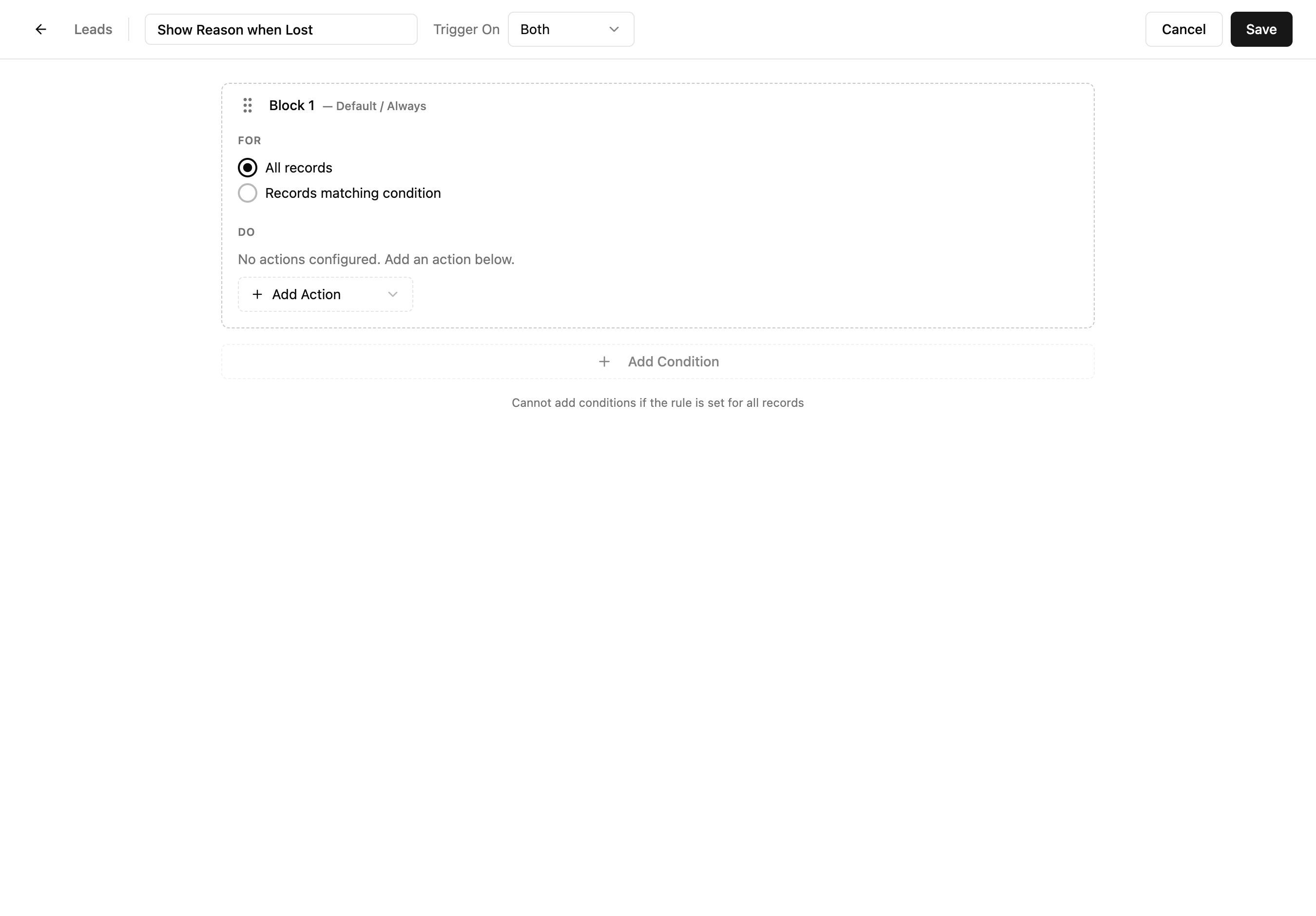 Form Rule Builder showing Block 1 with FOR section (All records radio) and DO section (no actions)