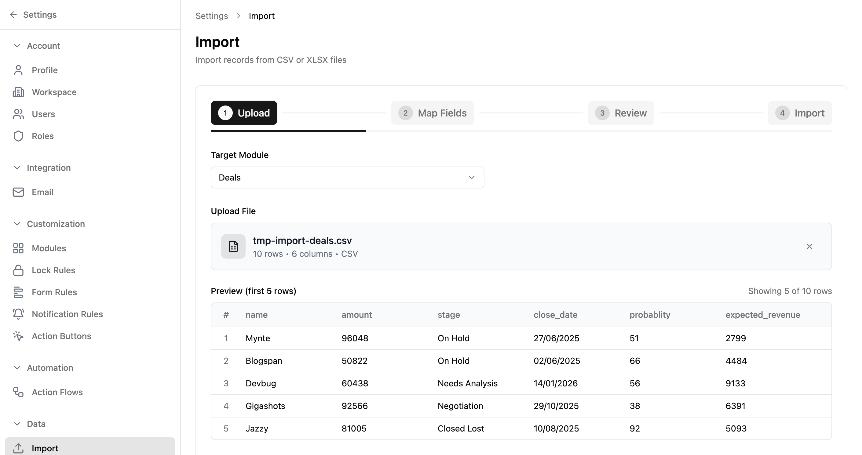 Import wizard showing a successfully uploaded CSV file with 10 rows and 6 columns, plus a data preview table