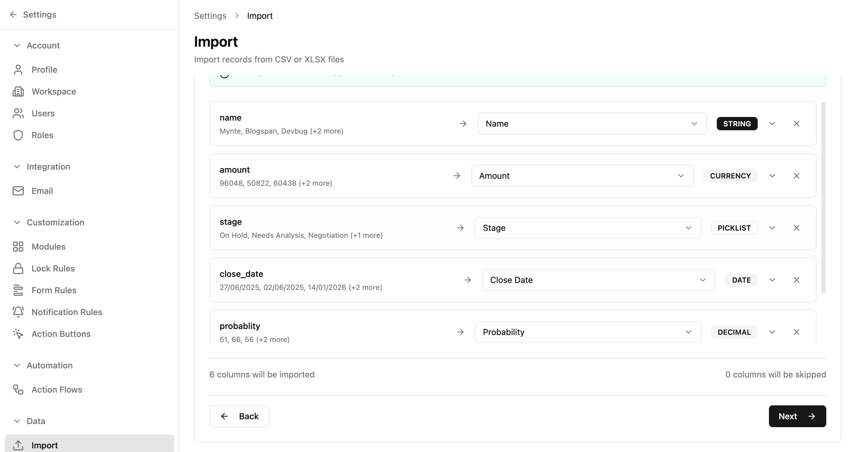 Import wizard Step 2 with all 6 columns successfully mapped to module fields