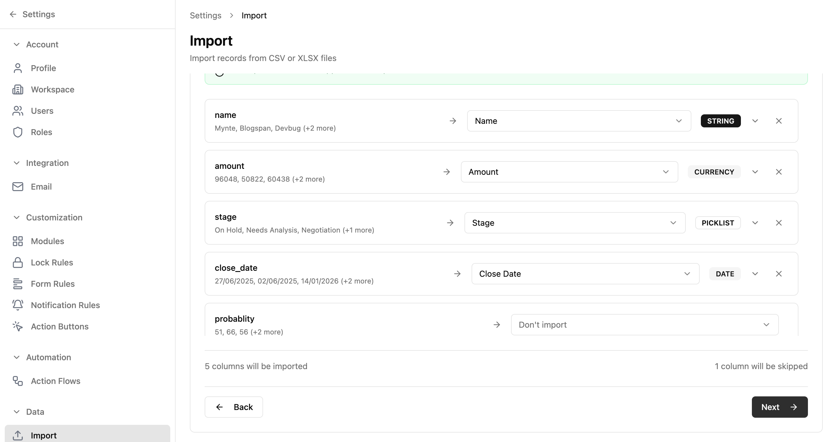 Import wizard Step 2 showing column-to-field mapping with auto-mapped fields and sample values