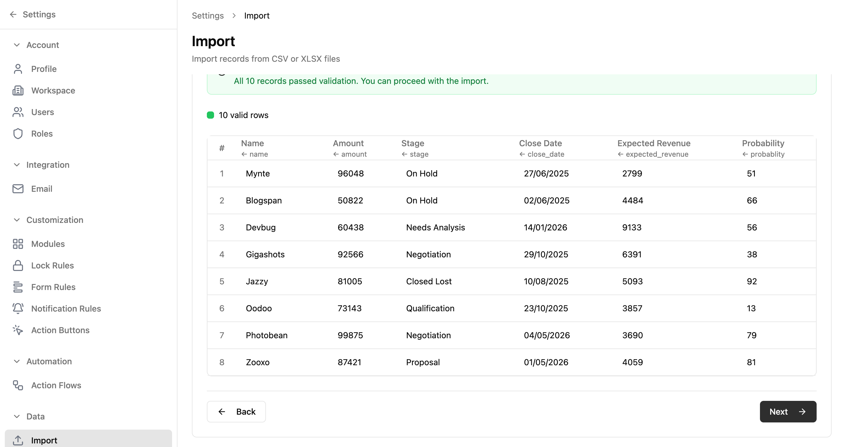 Import wizard Step 3 showing a review table with all 10 records passing validation