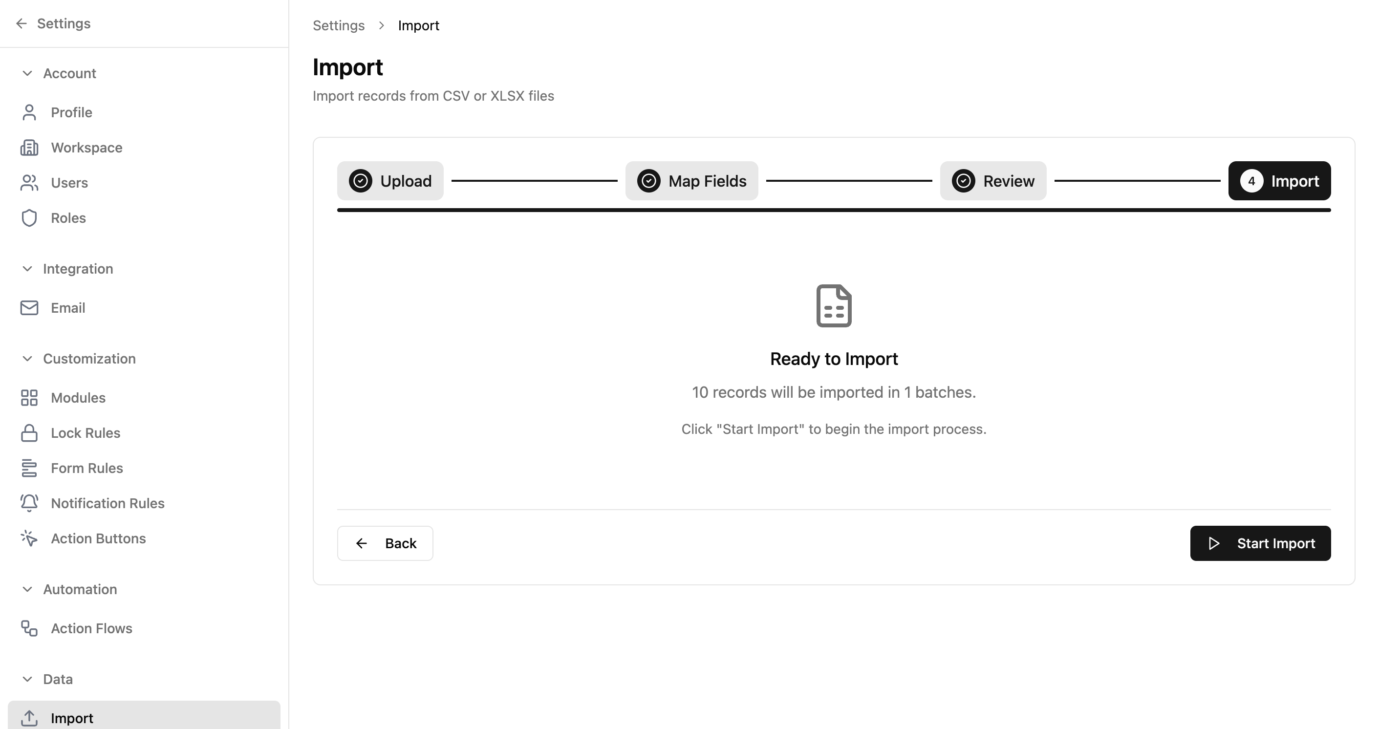 Import wizard Step 4 showing 10 records ready to import in 1 batch with a Start Import button