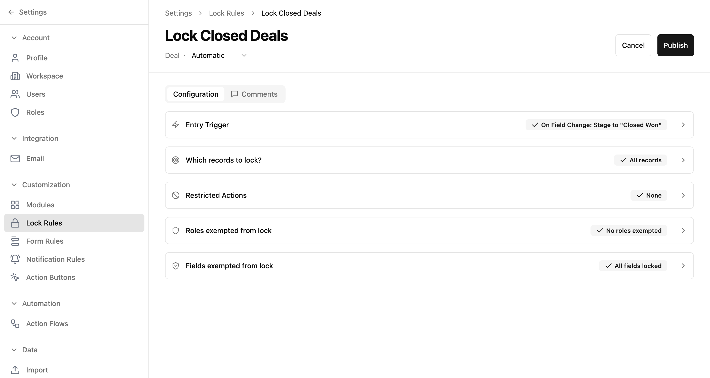 Lock Rule configuration page showing the rule header with module name and lock mode, and five collapsible accordion sections