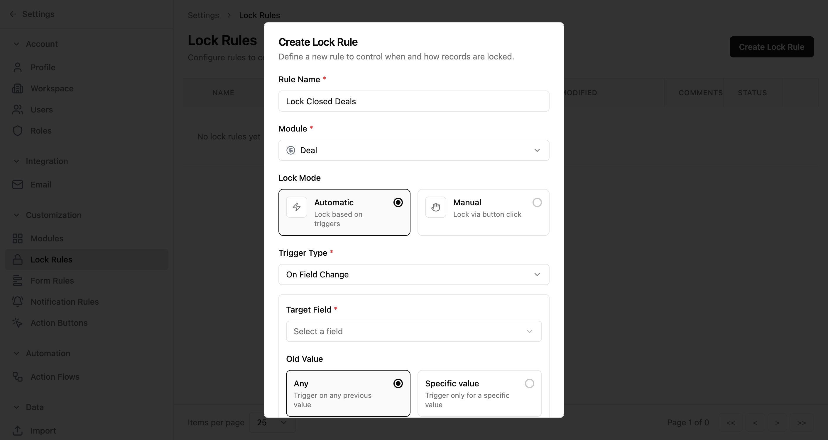 Create Lock Rule dialog showing additional fields for Target Field, Old Value radio buttons, and New Value dropdown