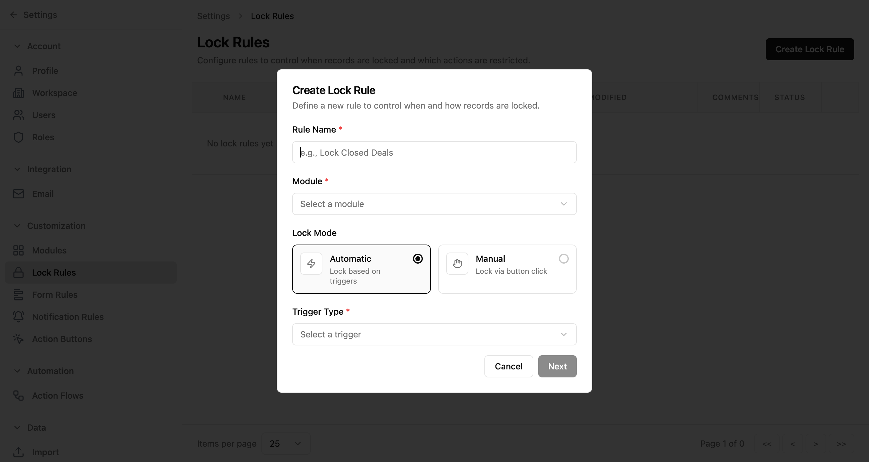 Create Lock Rule dialog with fields for Rule Name, Module, Lock Mode buttons, and Trigger Type dropdown
