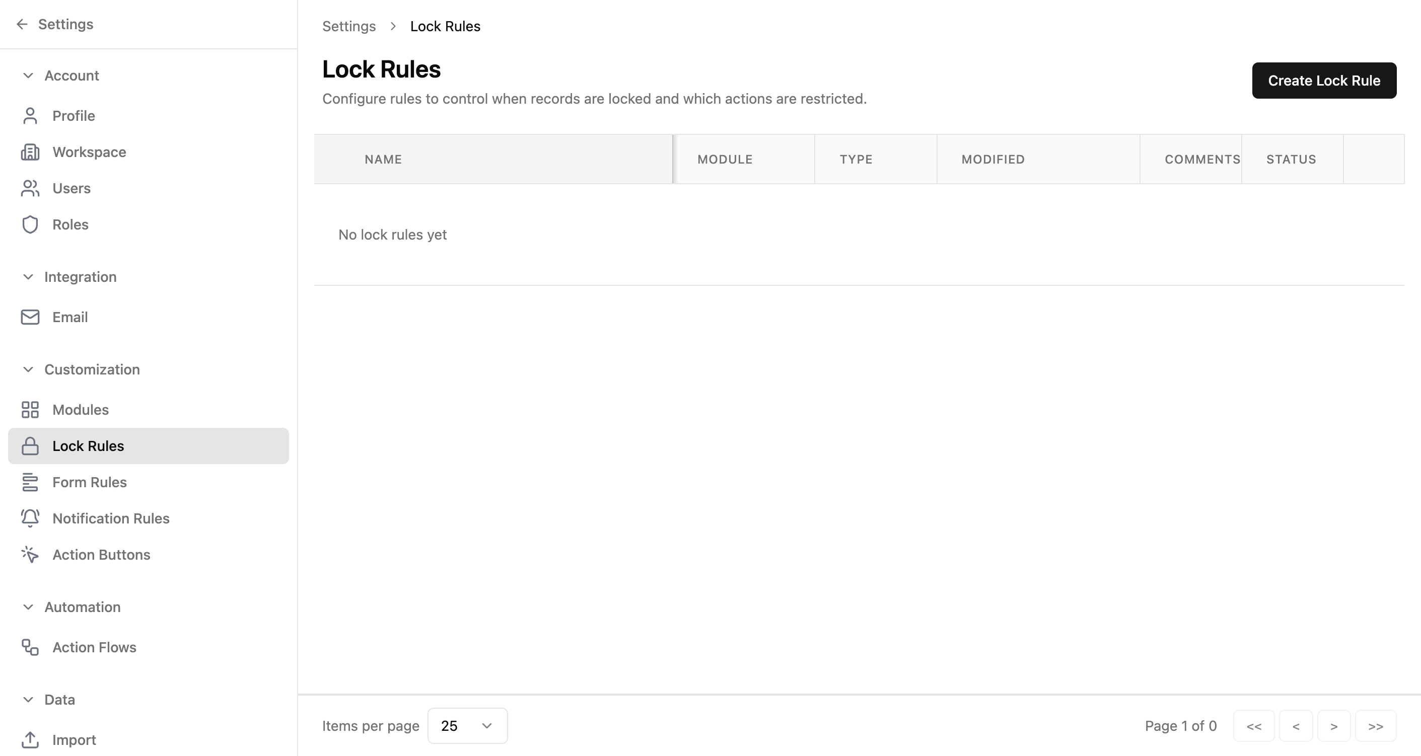 Lock Rules page showing an empty table with Name, Module, Type, Modified, Comments, Status, and Actions columns