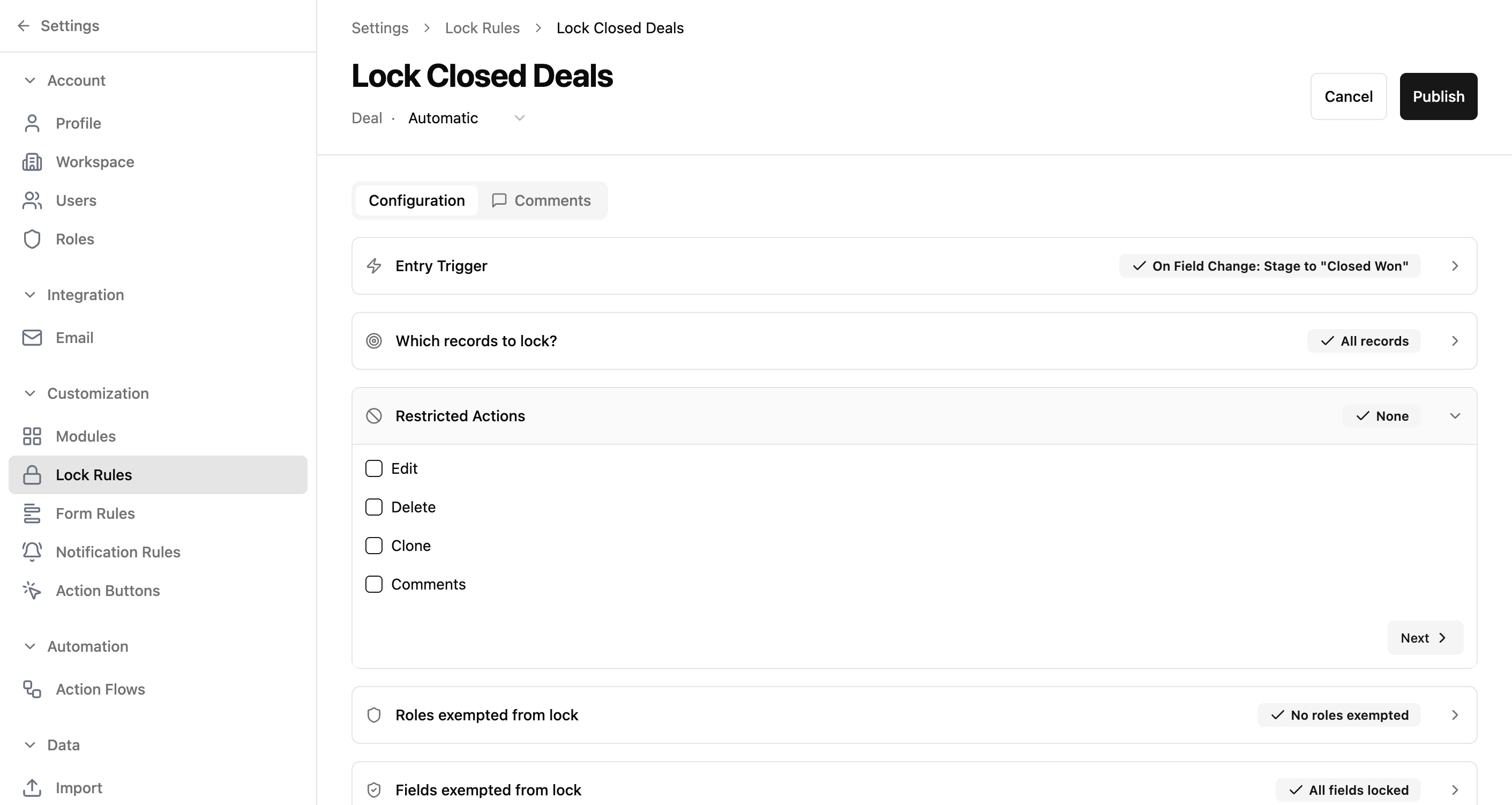 Restricted Actions section showing four checkboxes: Edit, Delete, Clone, and Comments