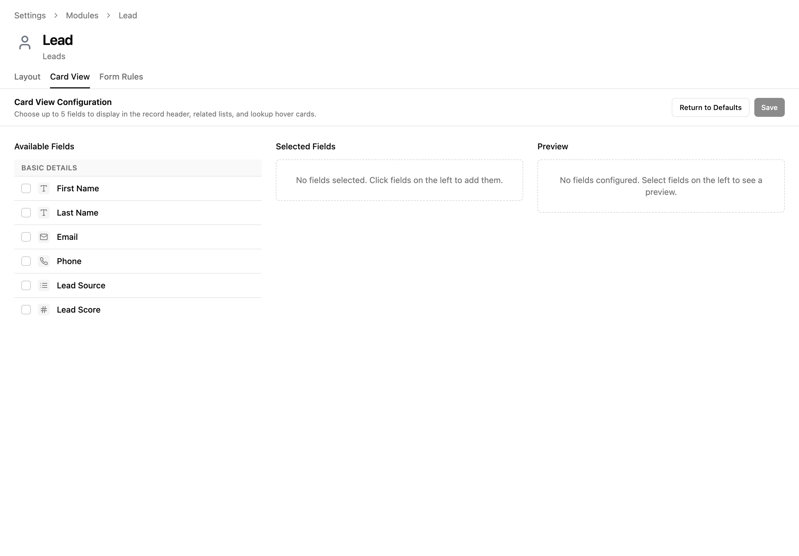 Card View configuration showing Available Fields list, Selected Fields area, and Preview panel