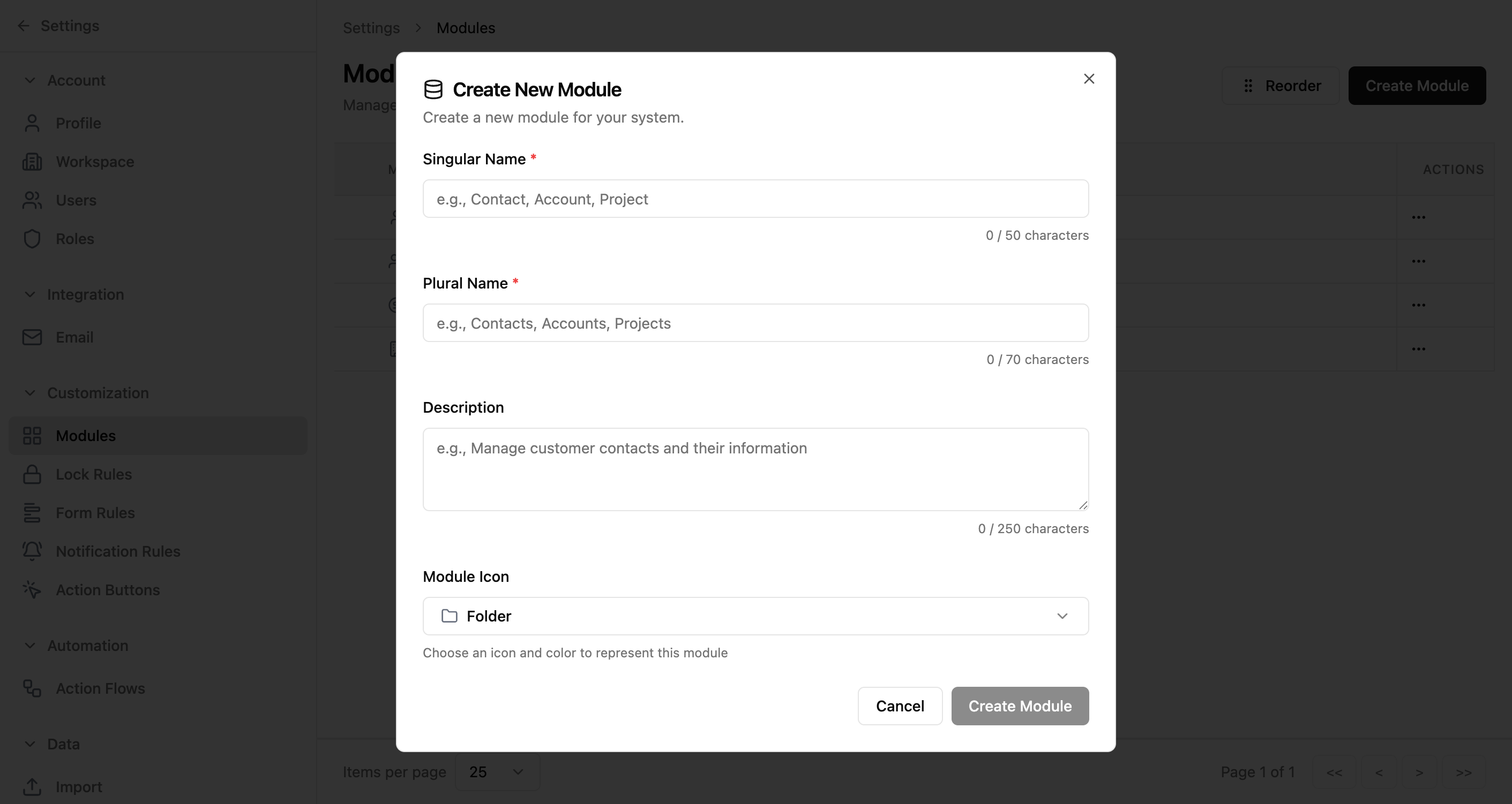 Create Module dialog with fields for Singular Name, Plural Name, Description, and Module Icon