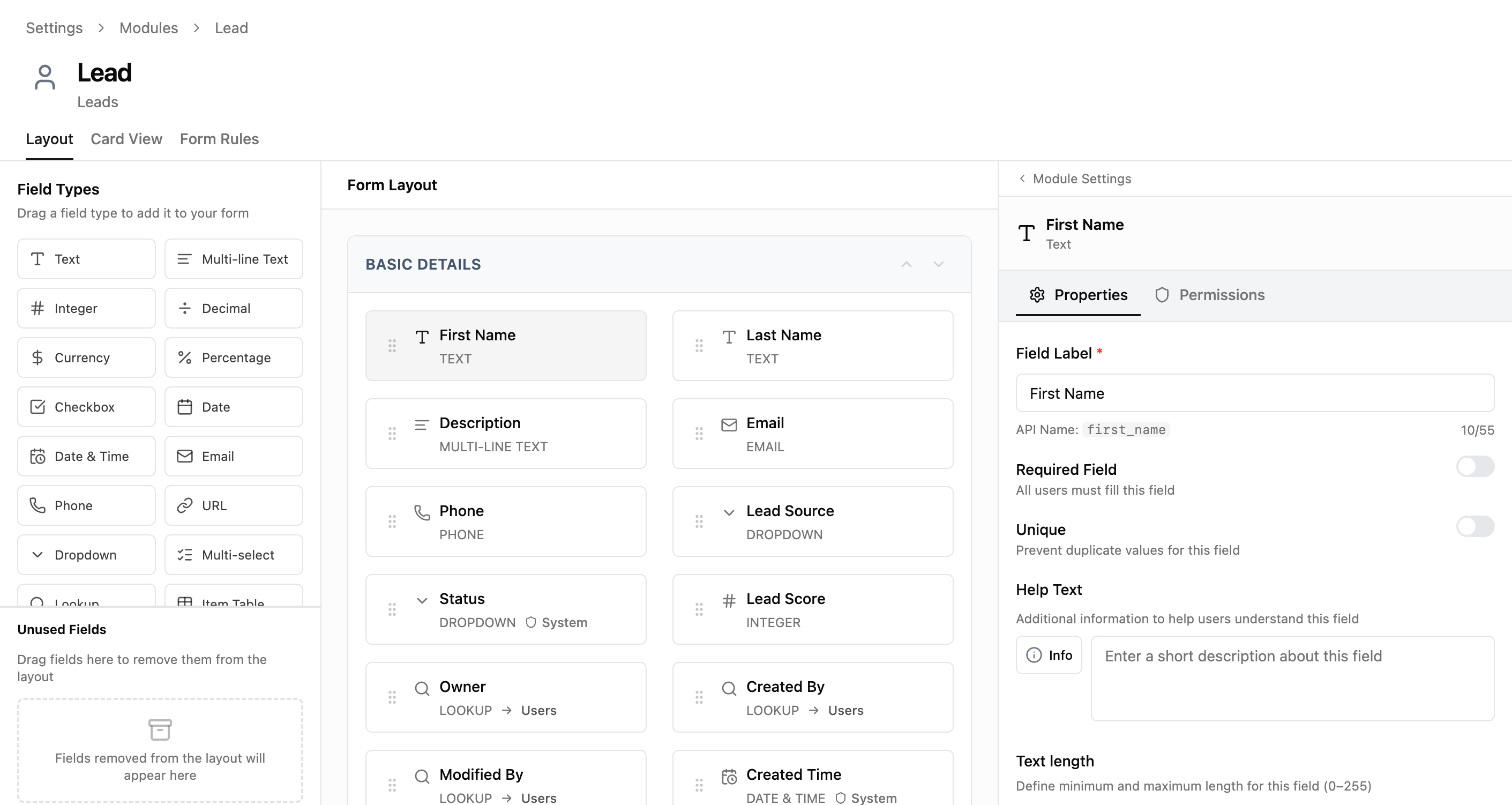 Field properties panel showing label, API name, required toggle, unique toggle, help text, and length settings