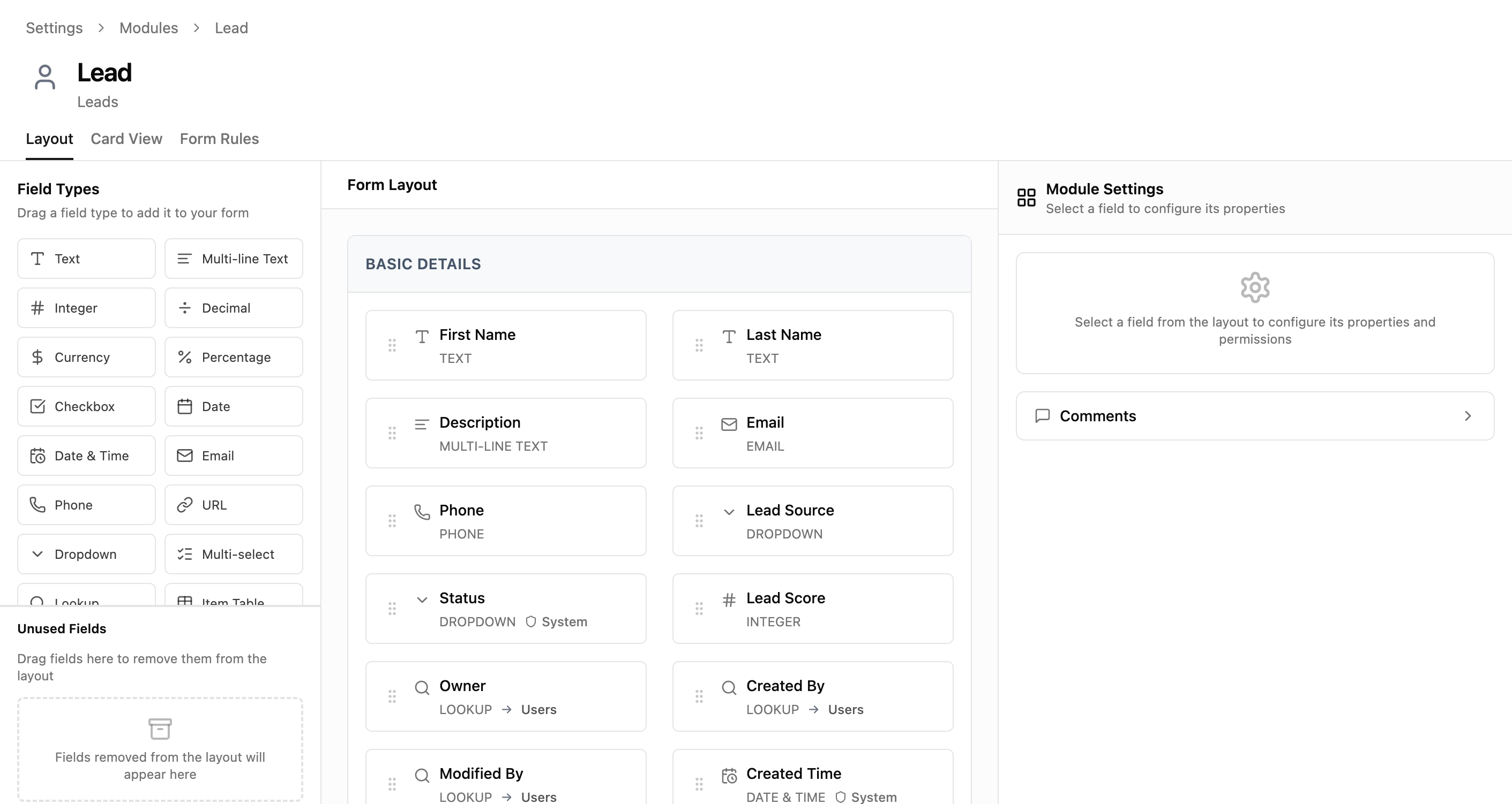 Module Builder Layout tab showing field types panel, form layout, and module settings