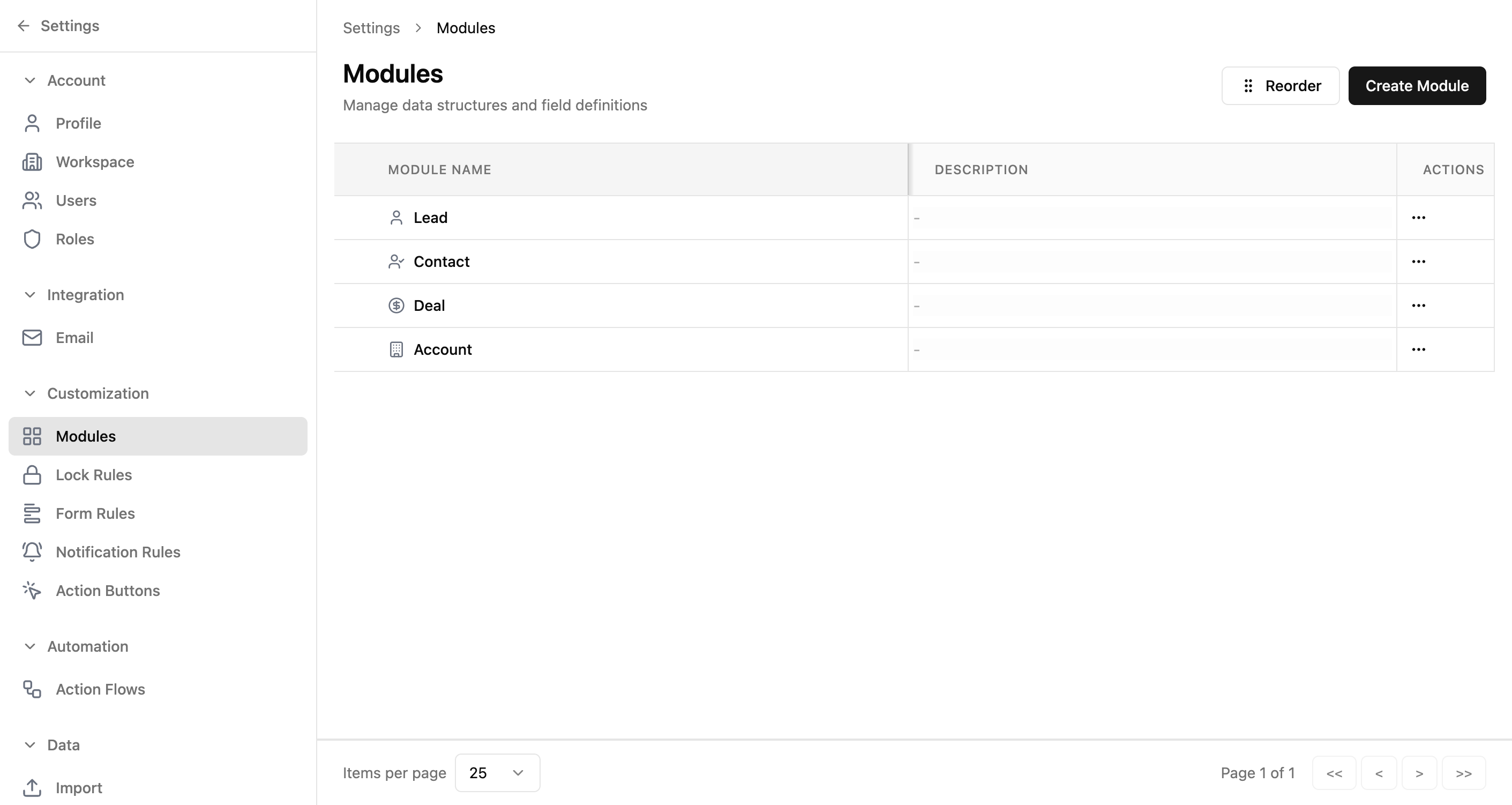 Modules list page showing a table with Name, Description, and Actions columns