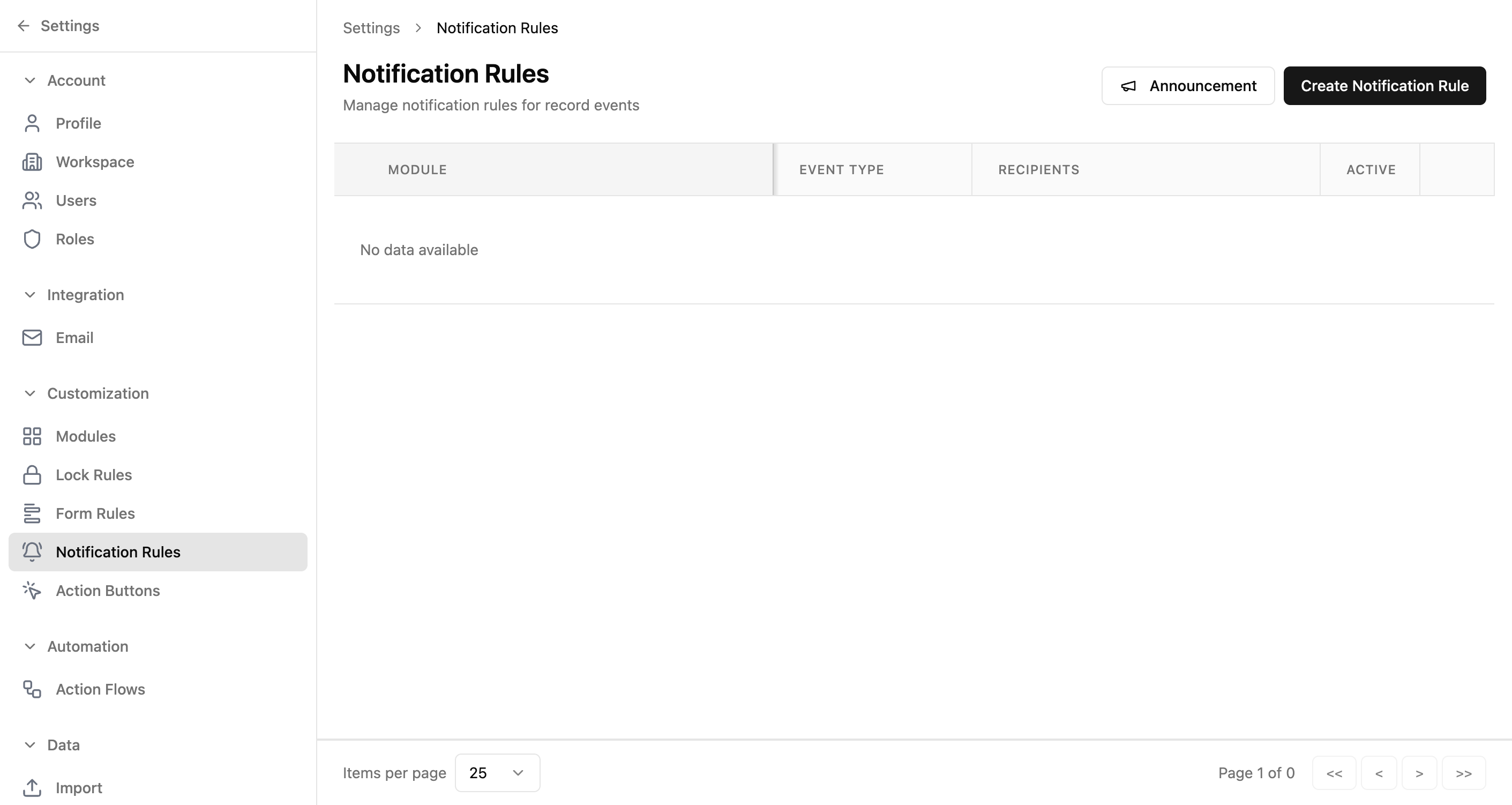 Notification Rules page showing an empty table with Name, Event Type, Recipients, Active, and Actions columns