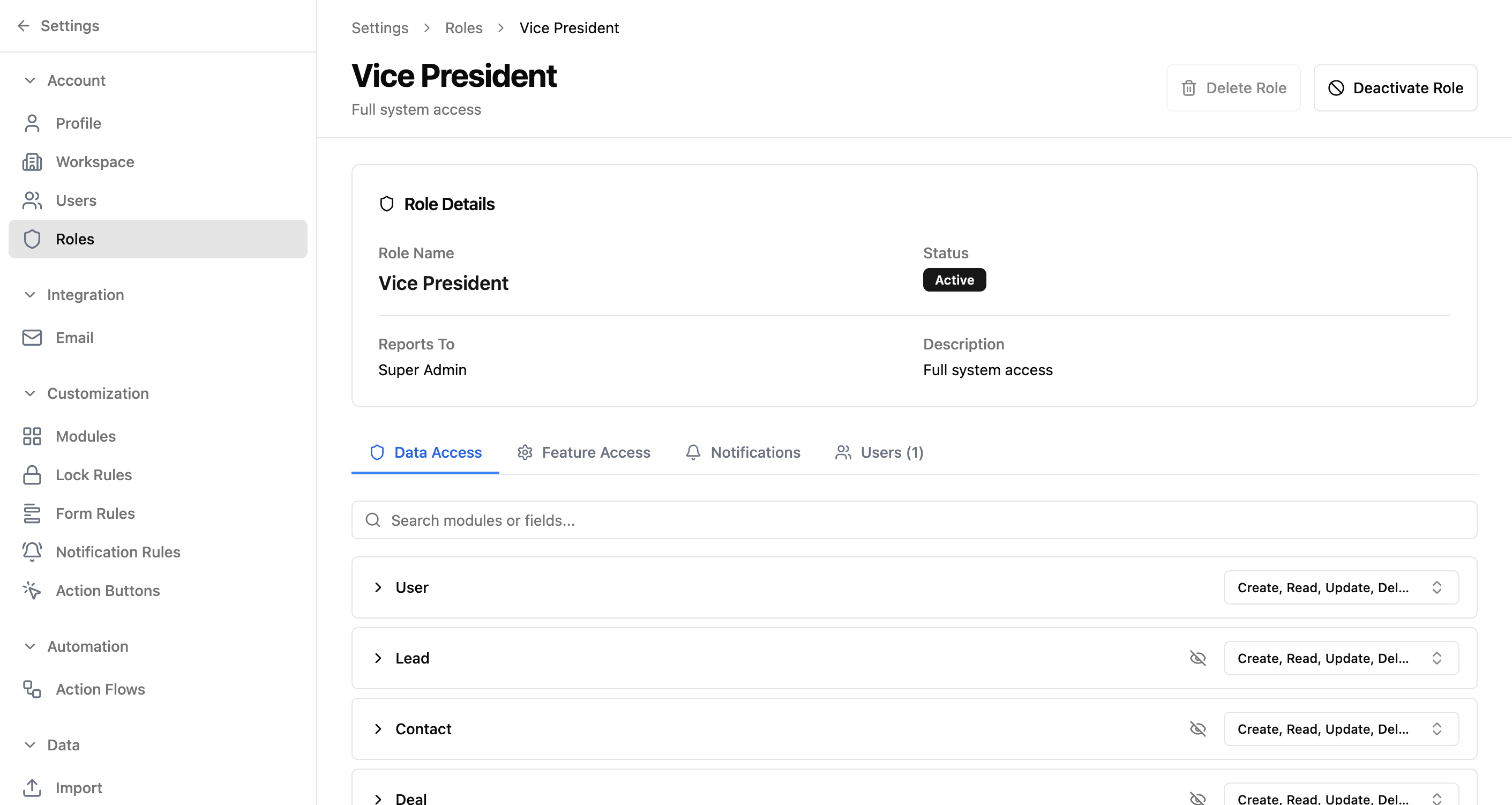 Role detail page showing role info and module permissions