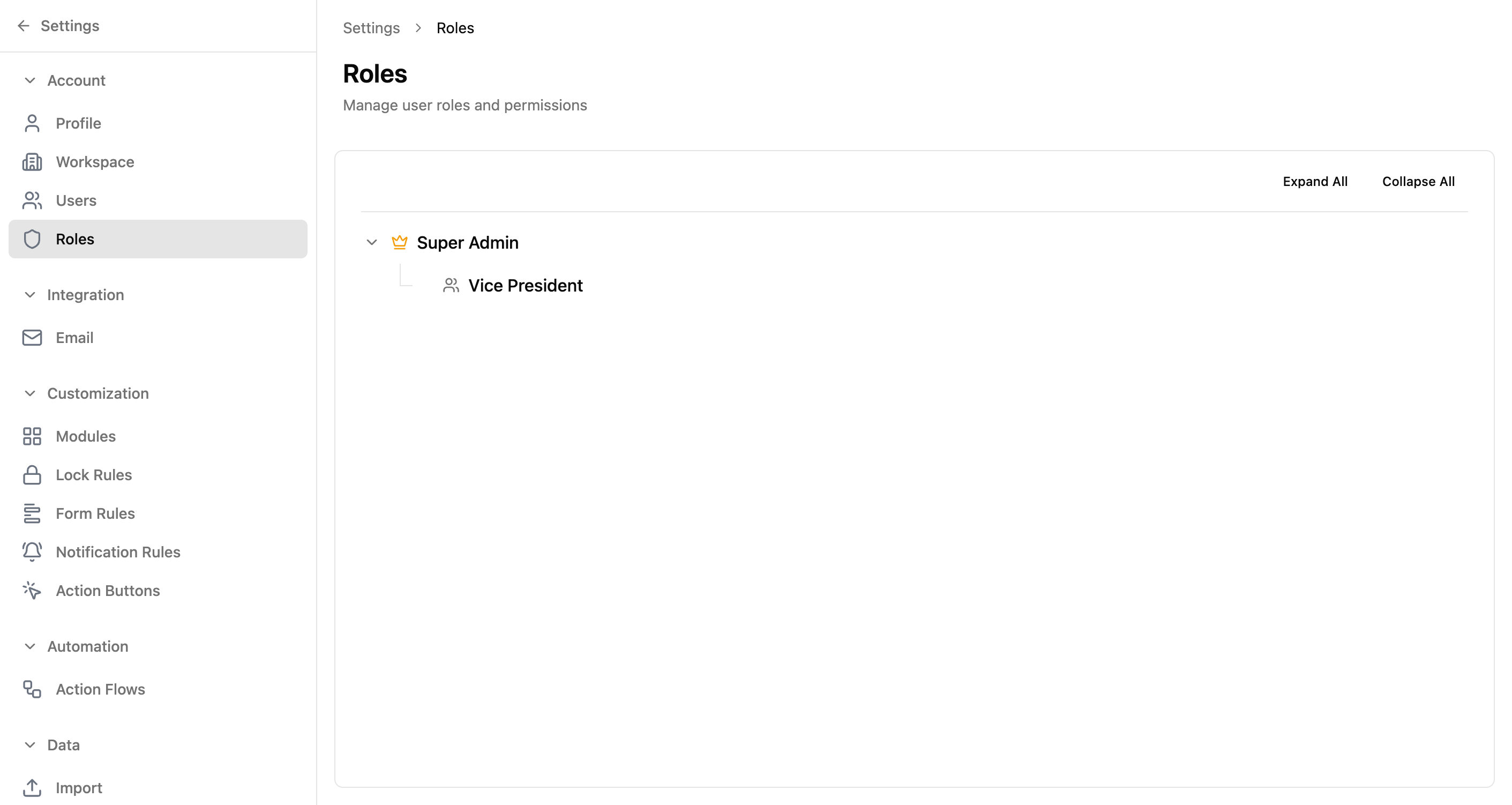 Roles page showing a hierarchy tree with expand/collapse controls