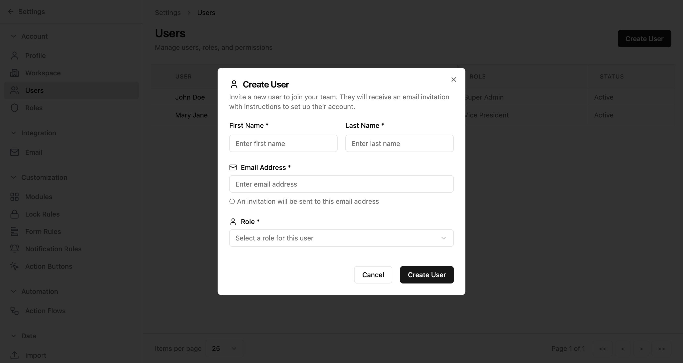 Create User dialog with fields for First Name, Last Name, Email, and Role