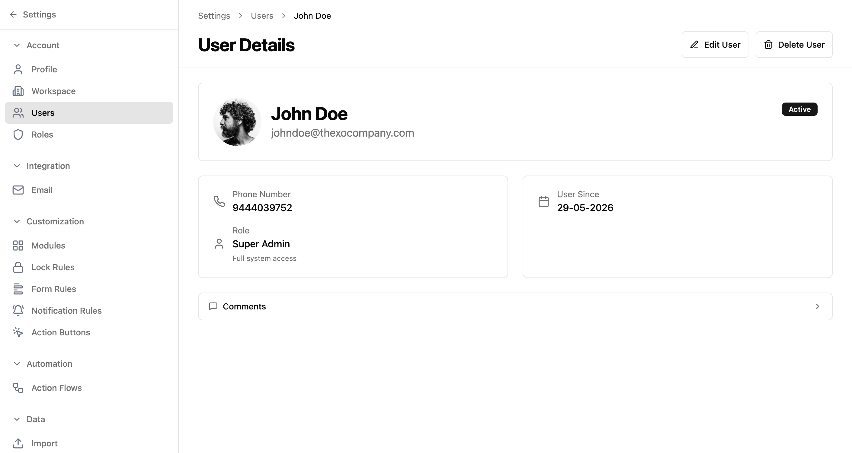 User detail page showing profile information, role, status, and action buttons