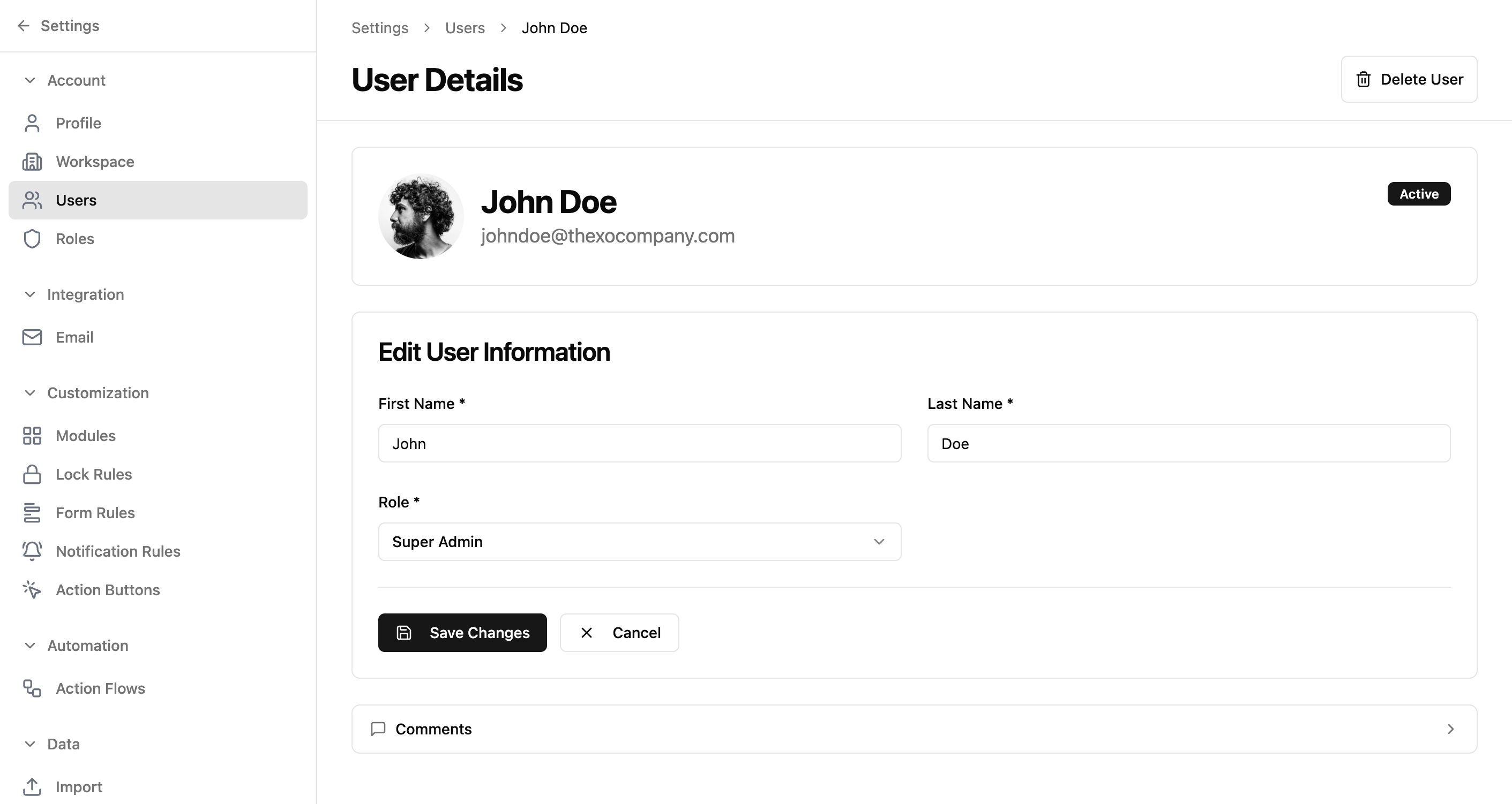 User edit form showing editable First Name, Last Name, and Role fields