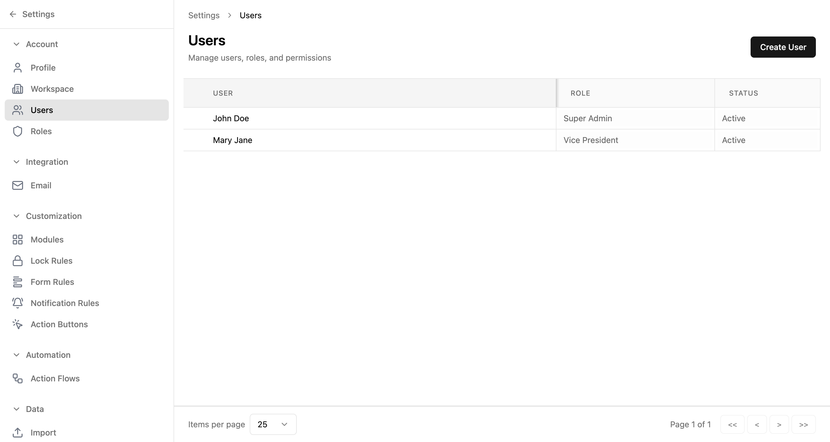 Users list page showing a table with Name, Role, and Status columns